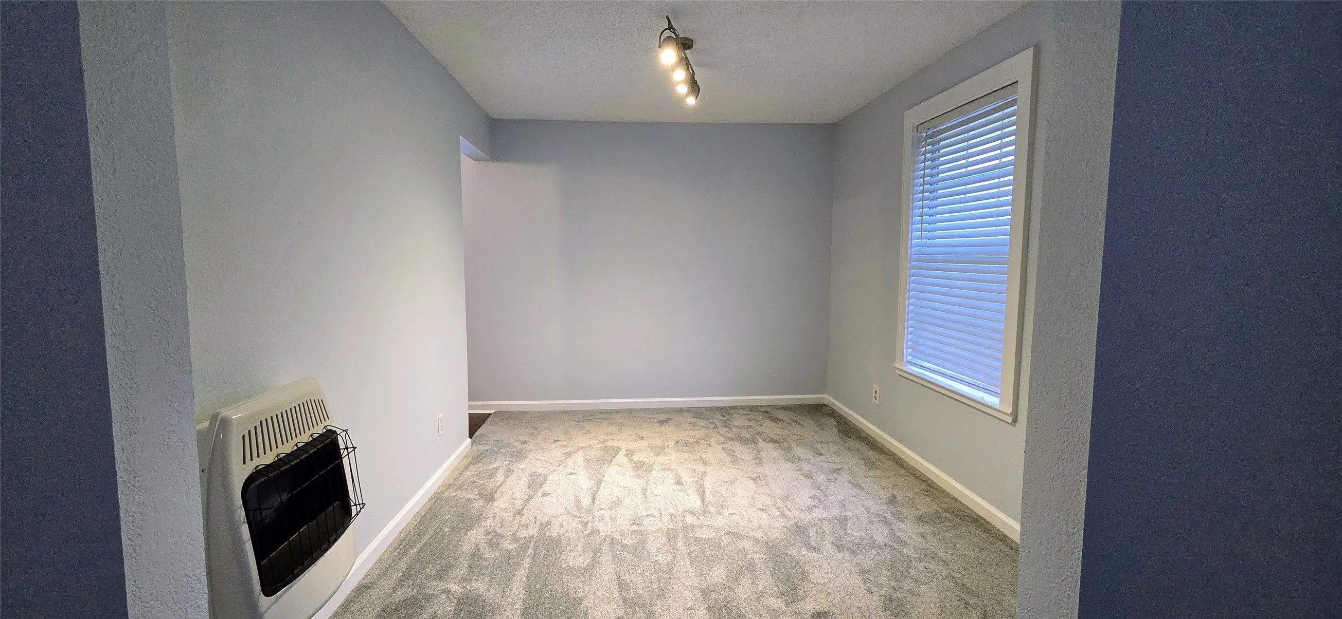Unfurnished living room featuring track lighting, carpet flooring, heating unit, and a textured ceiling