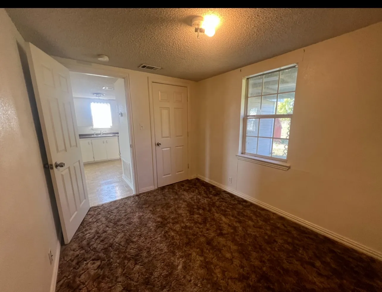 Interior room featuring textured brown carpet, light-toned wall paint, and a window with white trim