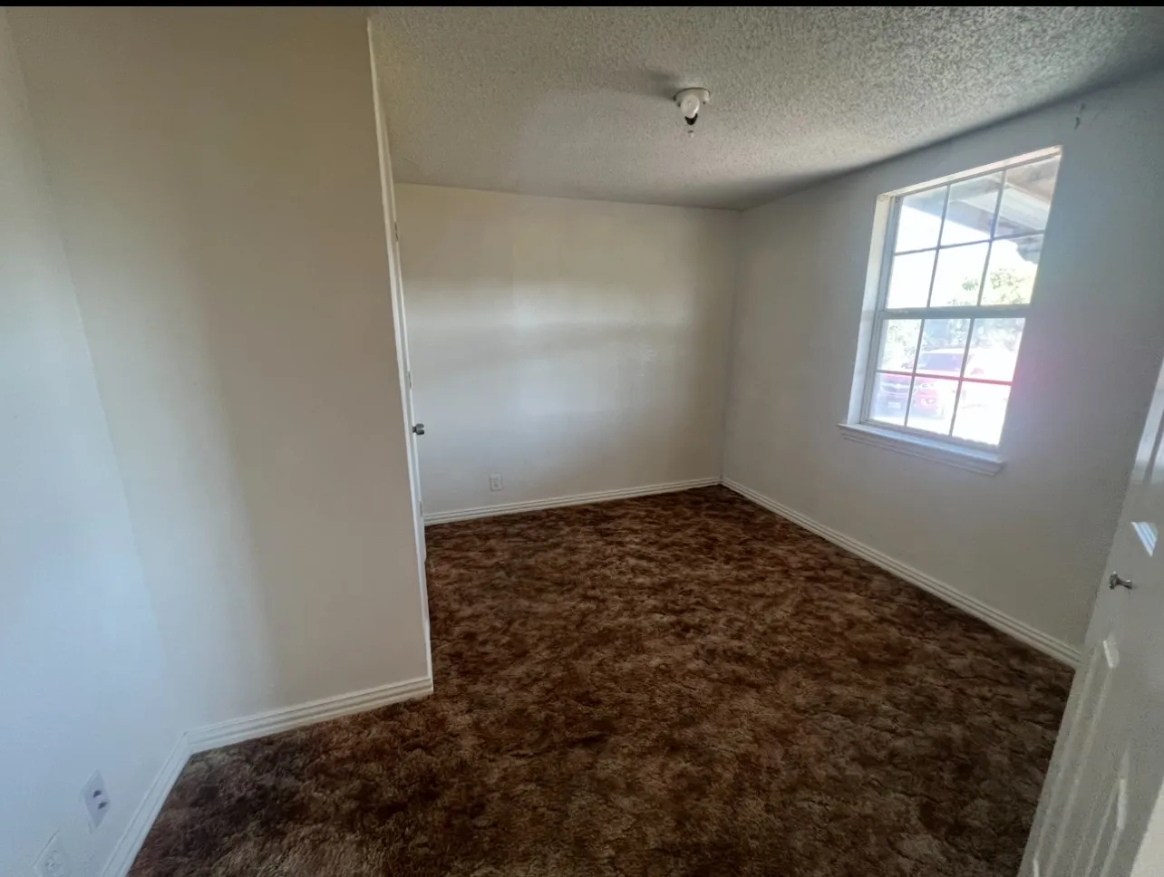 Spacious room featuring a large window, neutral wall paint, textured ceiling, and brown carpeting