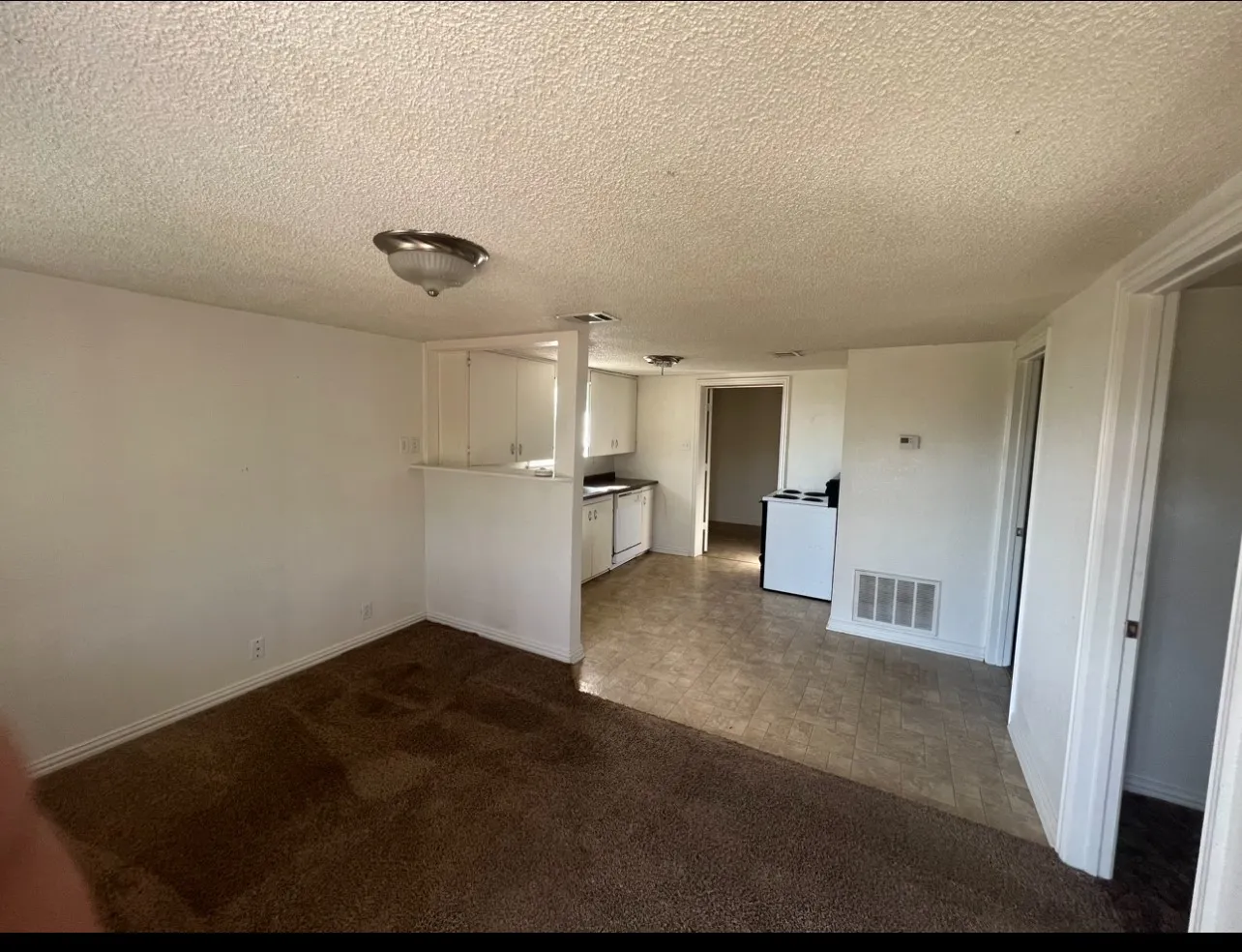 Open-concept living space featuring a partial wall dividing the kitchen area