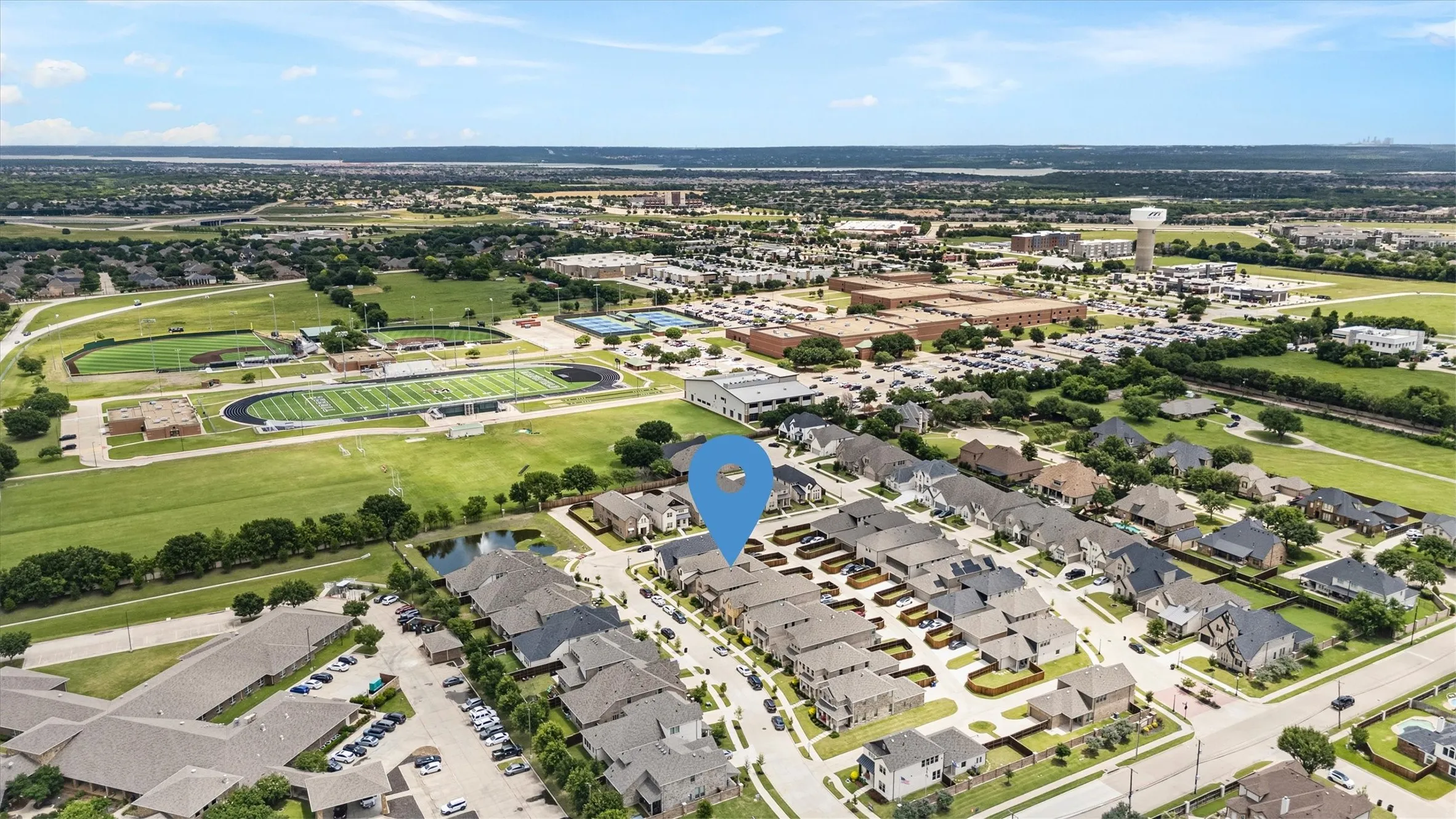 Aerial perspective showcasing a residential community with varied architectural styles