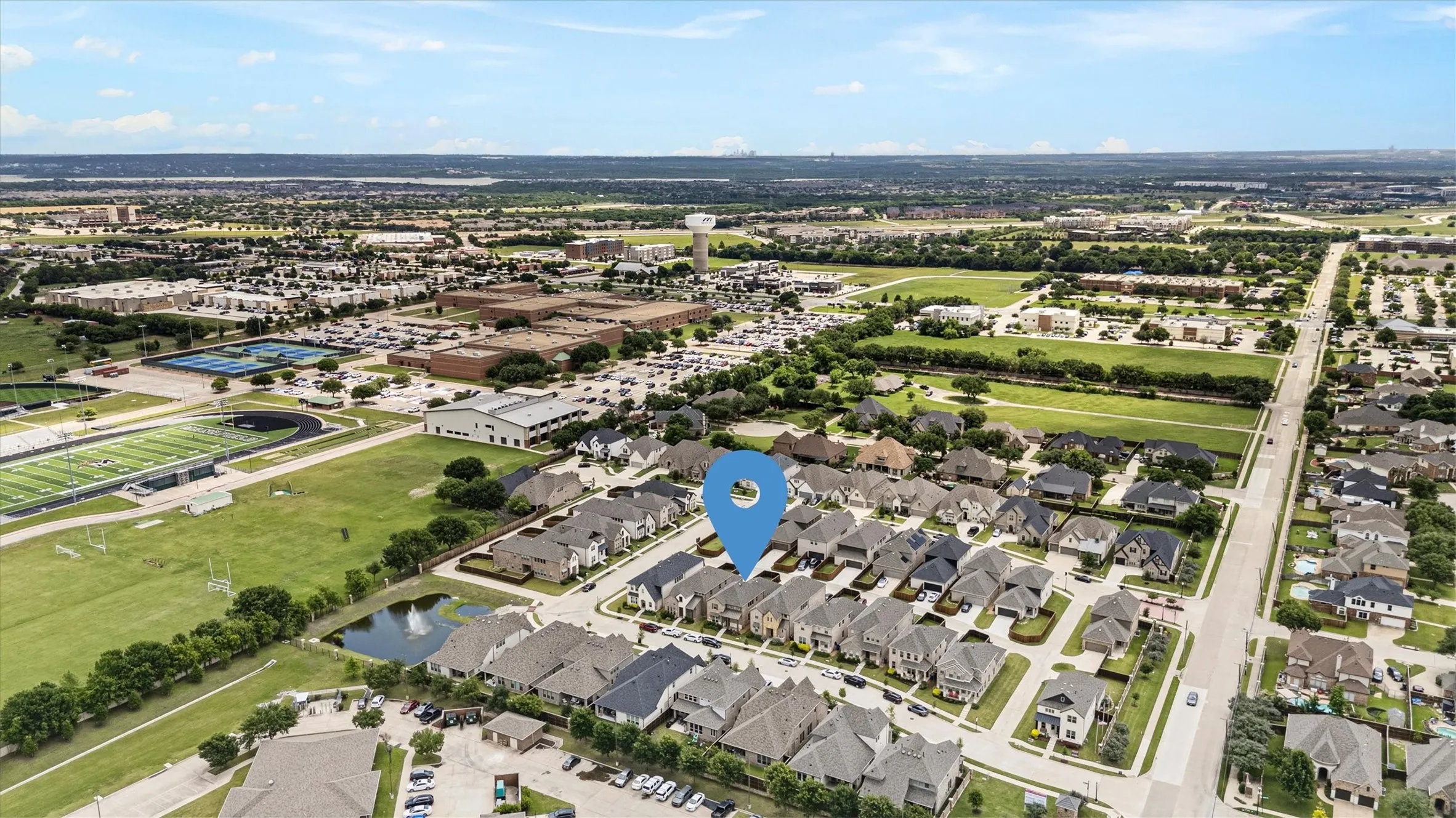 Aerial perspective showcasing a residential development with varied architectural styles