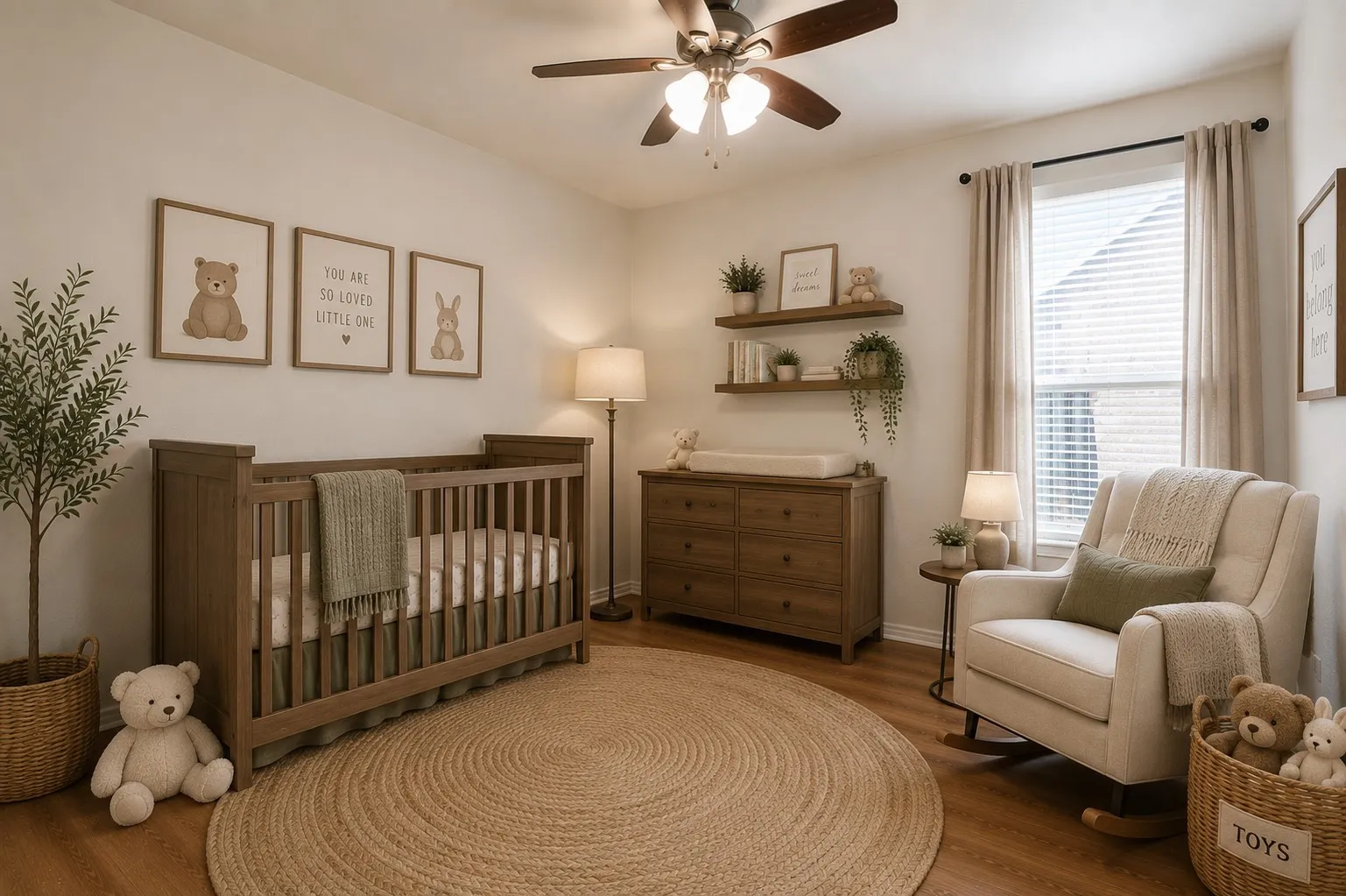 Virtually staged Bright room featuring a ceiling fan, wood-finish flooring, and a large window with blinds and drapes