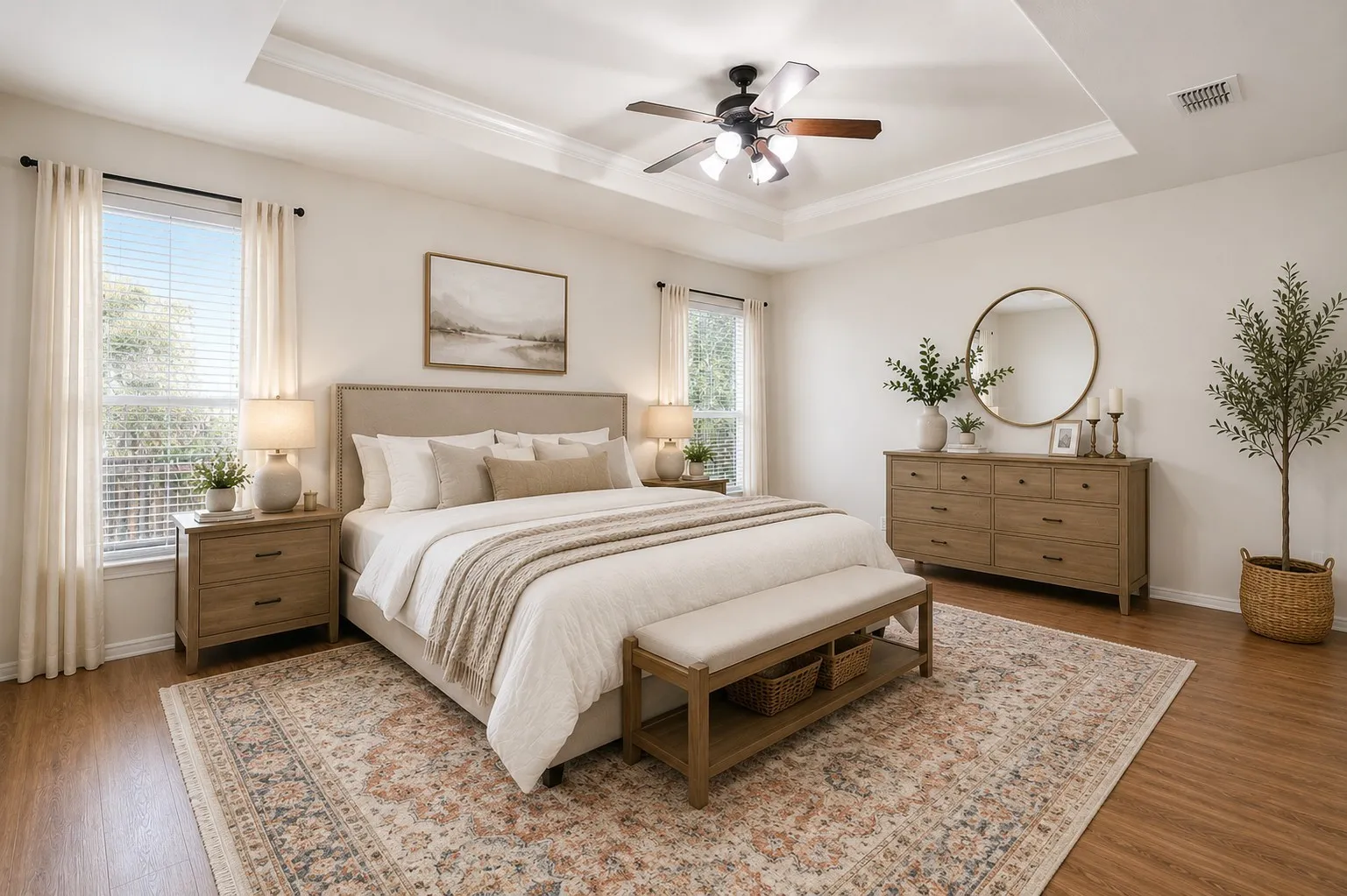 Virtually staged Spacious bedroom featuring a tray ceiling with a ceiling fan, recessed lighting, and two large windows with blinds