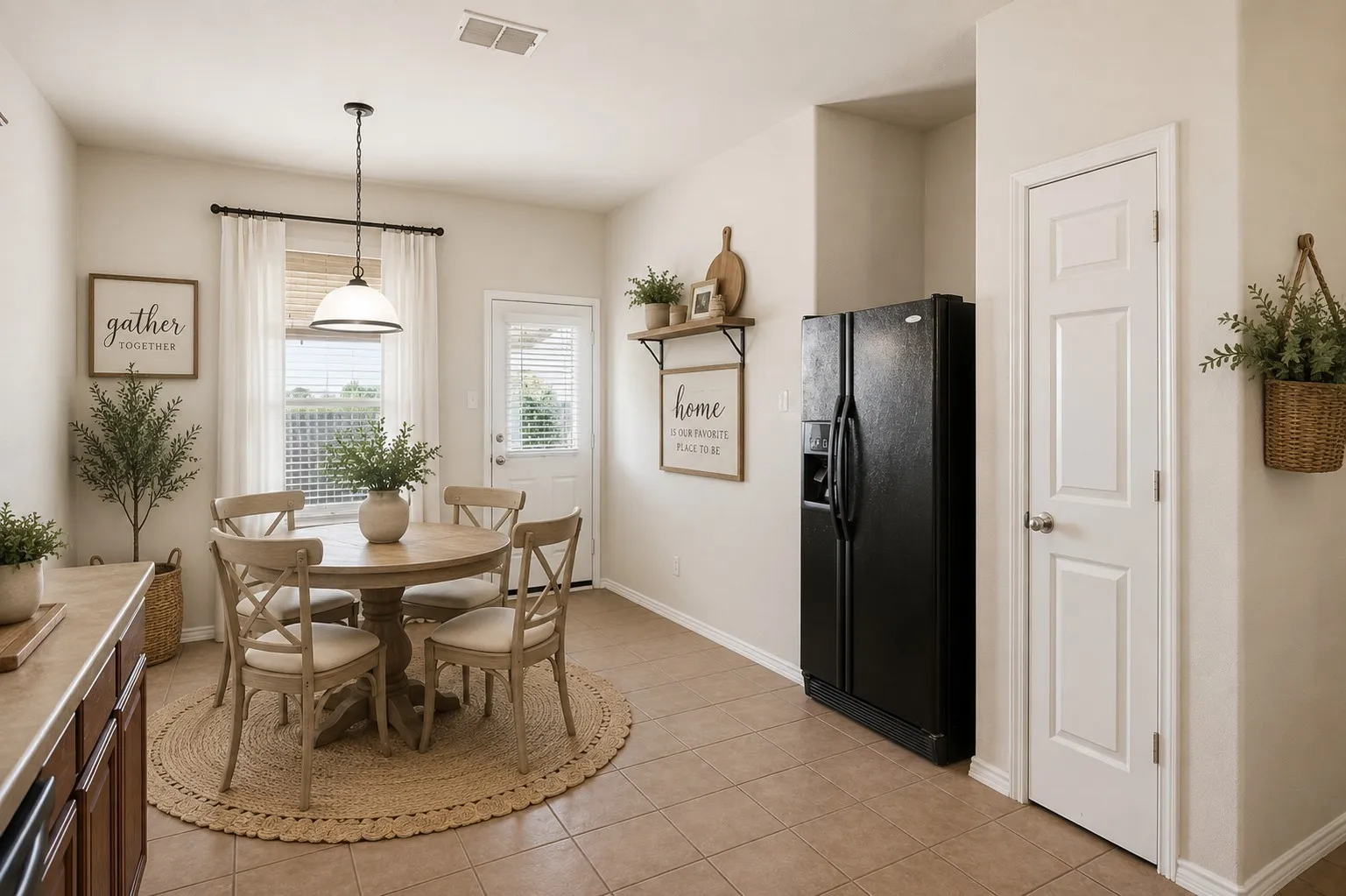 Virtually staged Eat-in kitchen featuring tile flooring, a window with horizontal blinds, a pendant light fixture, a side-by-side refrigerator, and a pantry