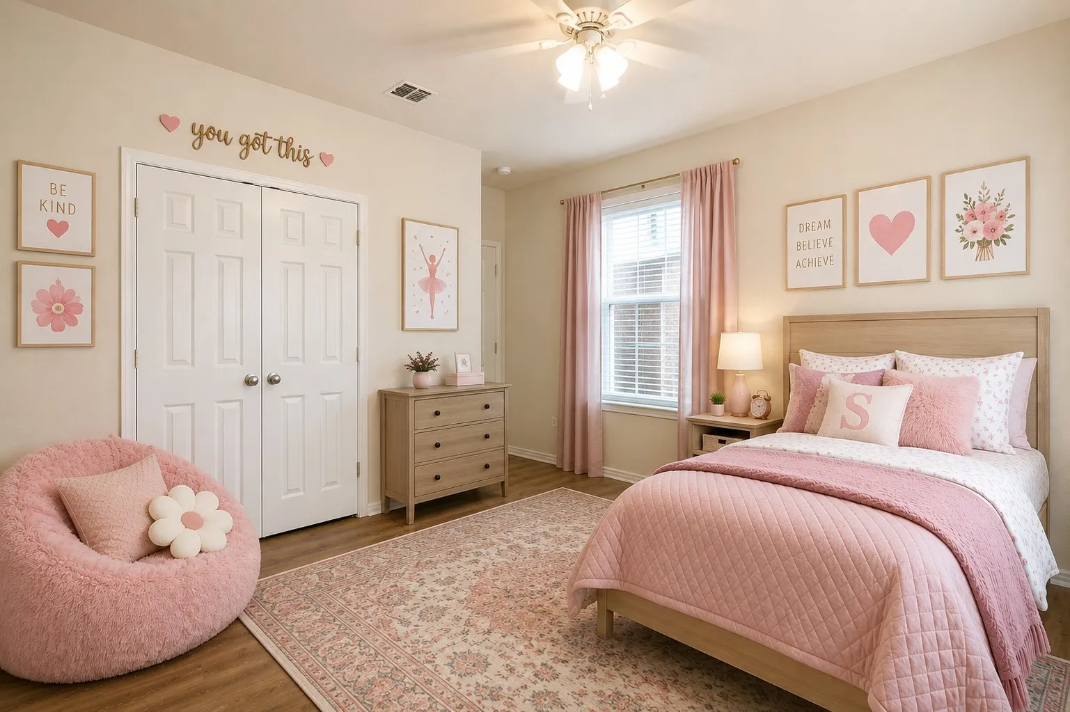 Virtually staged Bedroom featuring light wood-finish flooring, a double-door closet with polished hardware, and a window with blinds and drapes