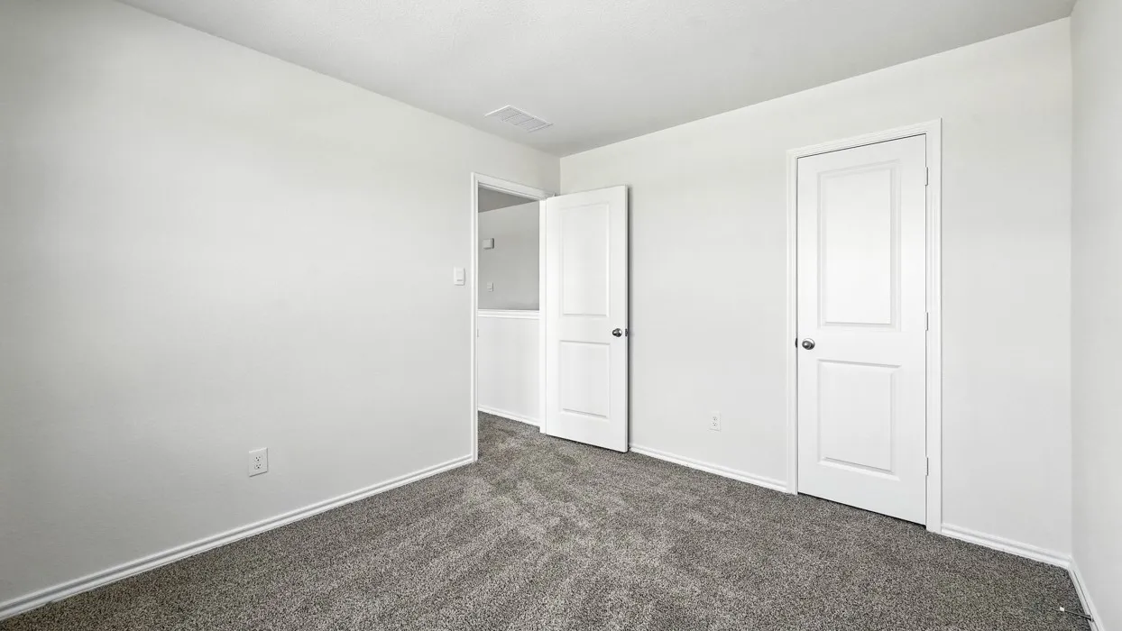 Neutral gray wall paint with white trim, gray patterned carpet, and two white paneled doors