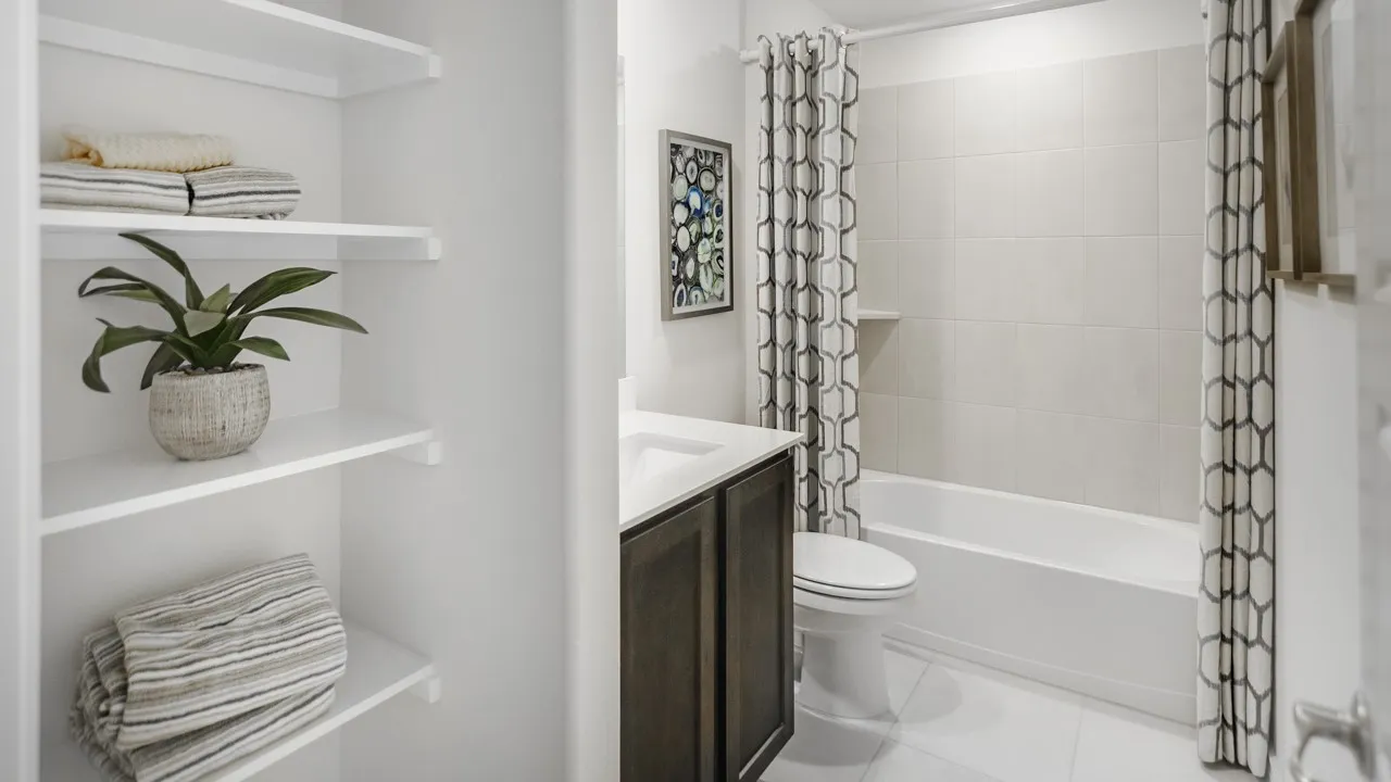 Full bathroom featuring a dark wood-finish vanity with an integrated sink, a white bathtub with subway tile surround, and a built-in shower niche