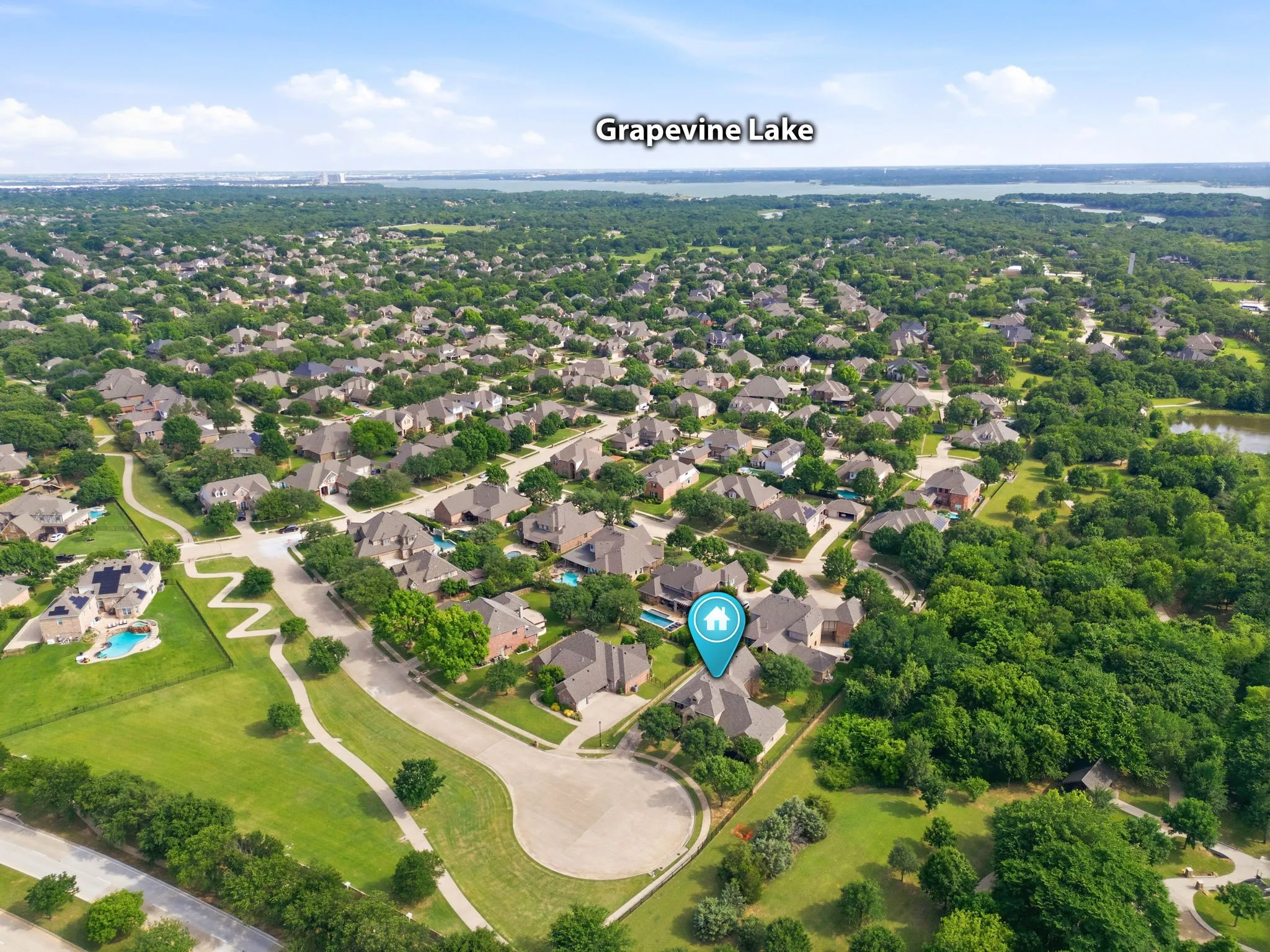 Ideally situated on a private cul-de-sac lot with a greenbelt bordering Post Oak Park in the highly sought-after Wichita Chase community, just 2 miles to Grapevine Lake.