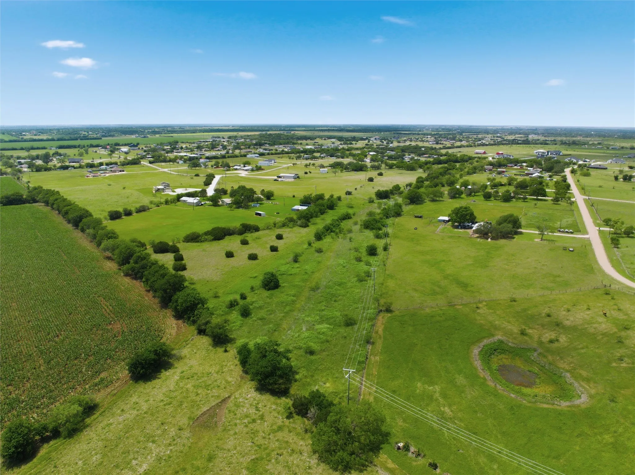 Expansive agricultural land featuring a verdant field, scattered mature trees, and an established pond