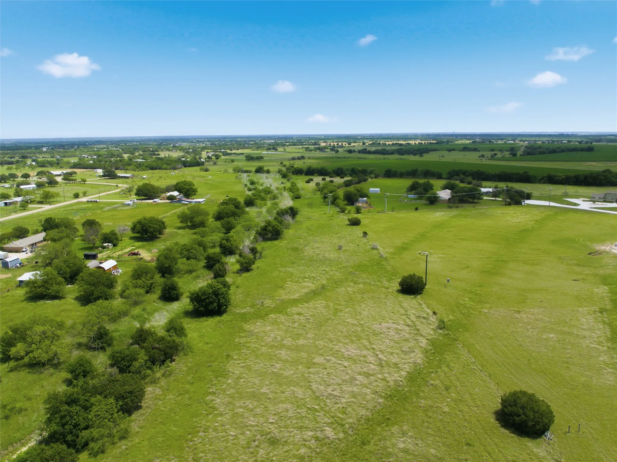 Expansive rural landscape featuring lush green fields and scattered mature trees under a clear blue sky