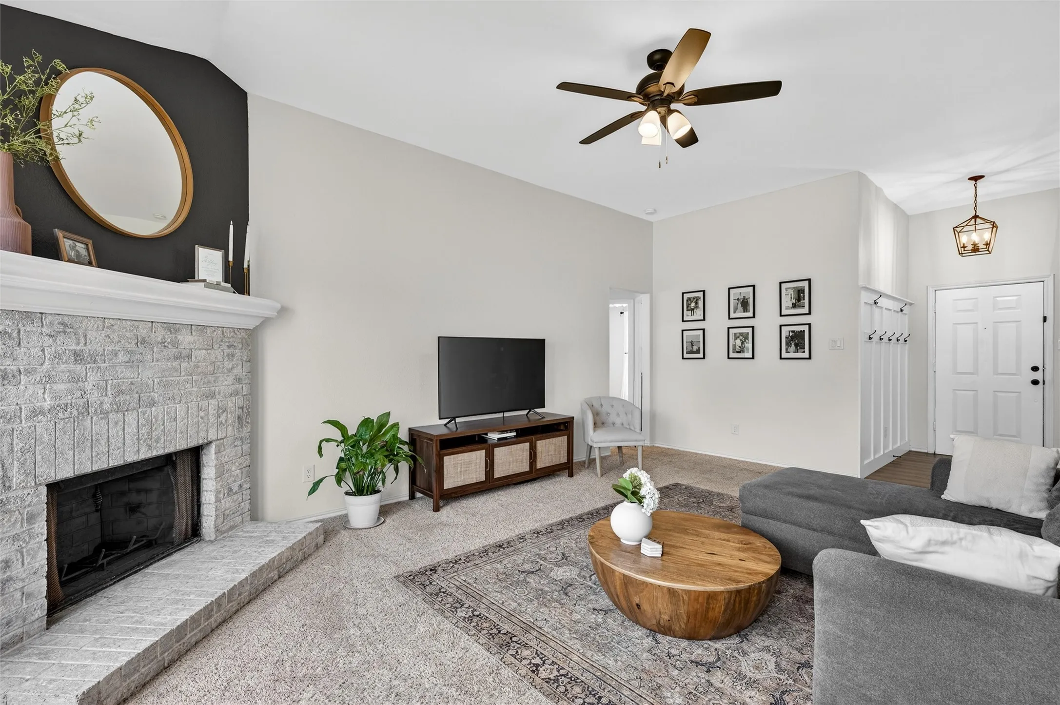 Woodburning fireplace is the heart of the home