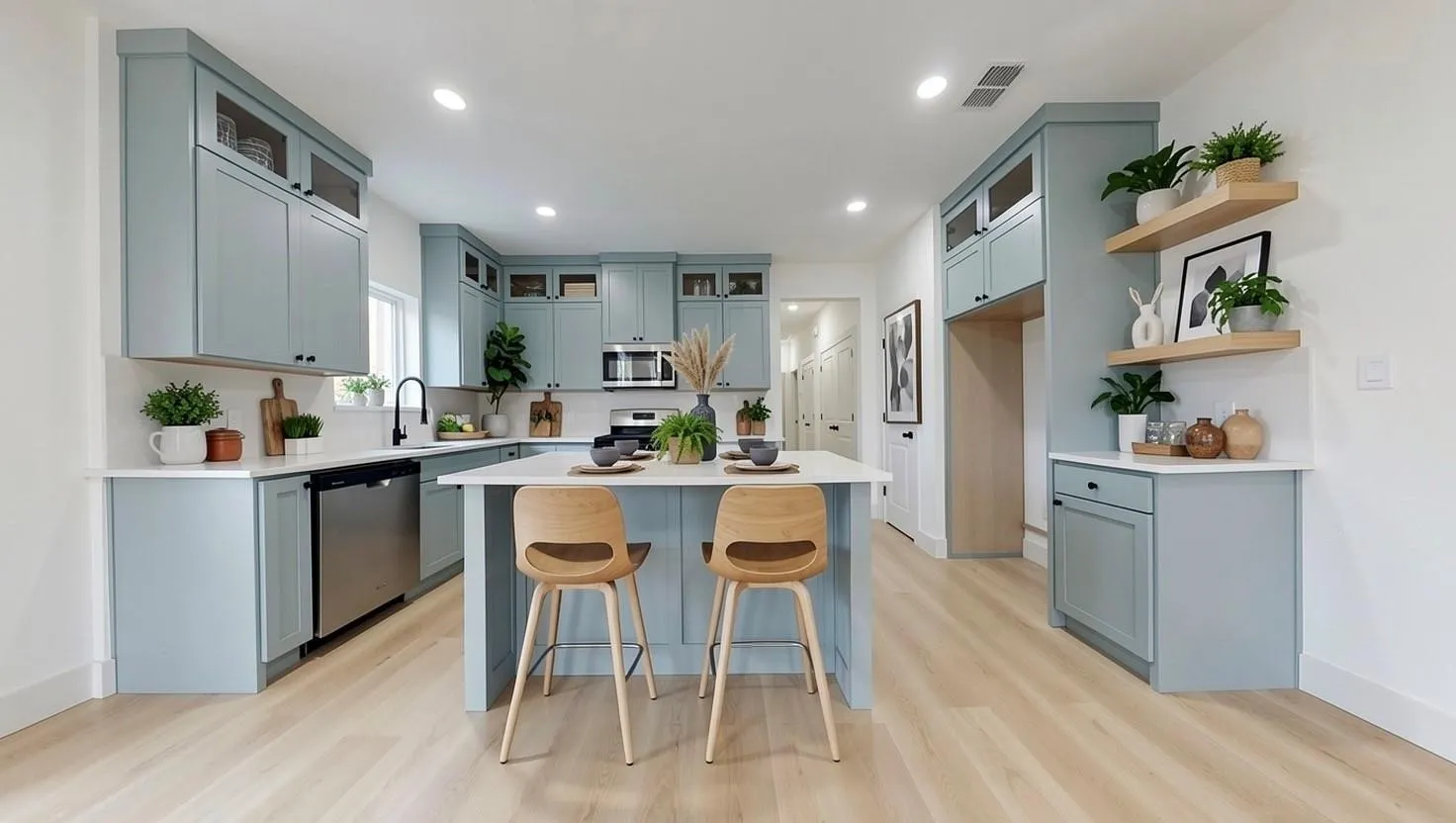 Kitchen featuring light blue cabinetry with upper glass-front cabinets, a central island with countertop seating, stainless steel appliances, and wood-finish flooring