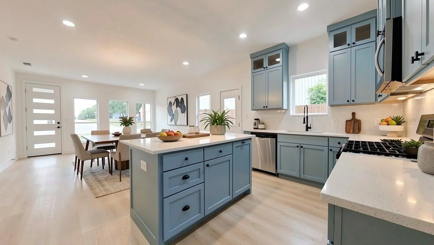Open-concept kitchen featuring an island with a light-toned countertop, light blue cabinetry with black hardware, and wood-finish flooring