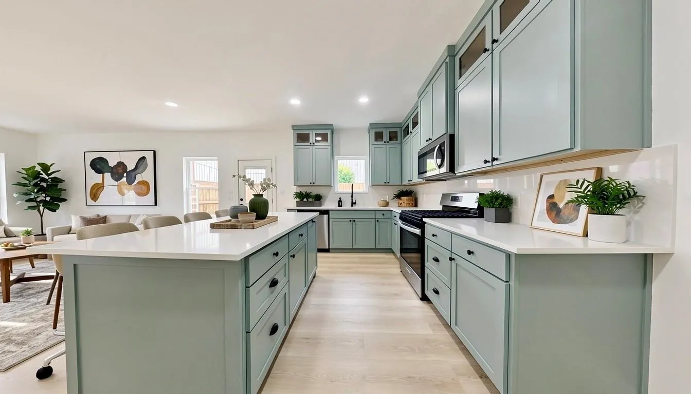 Kitchen featuring light green cabinetry, white countertops, stainless steel appliances, and light wood-finish flooring