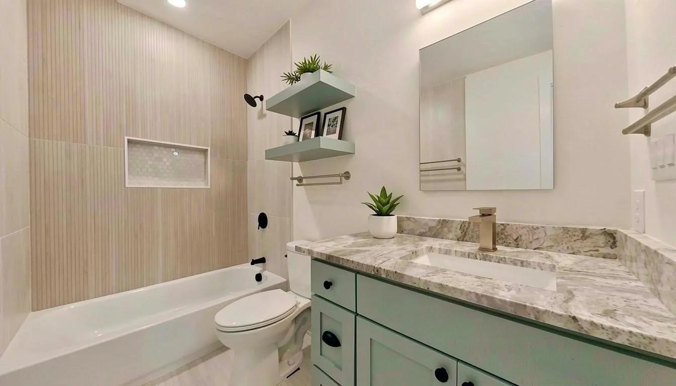 Bathroom featuring a bathtub with black fixtures, a tiled accent wall with a recessed niche, and light-toned flooring
