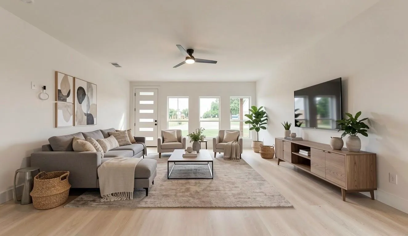 Open-concept living space featuring light wood-finish flooring, recessed lighting, and a modern ceiling fan