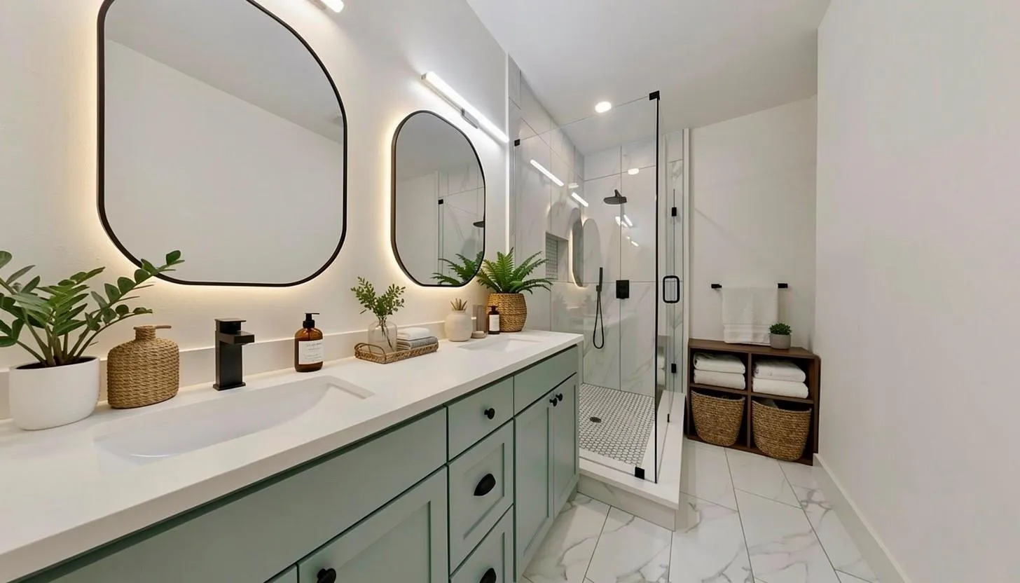 Dual vanities featuring integrated sinks and matte black fixtures