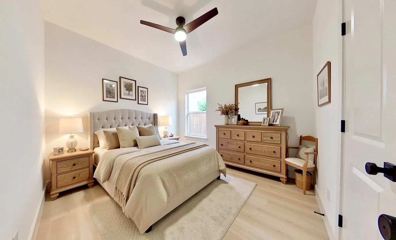 Vaulted ceiling with a contemporary ceiling fan and light fixture