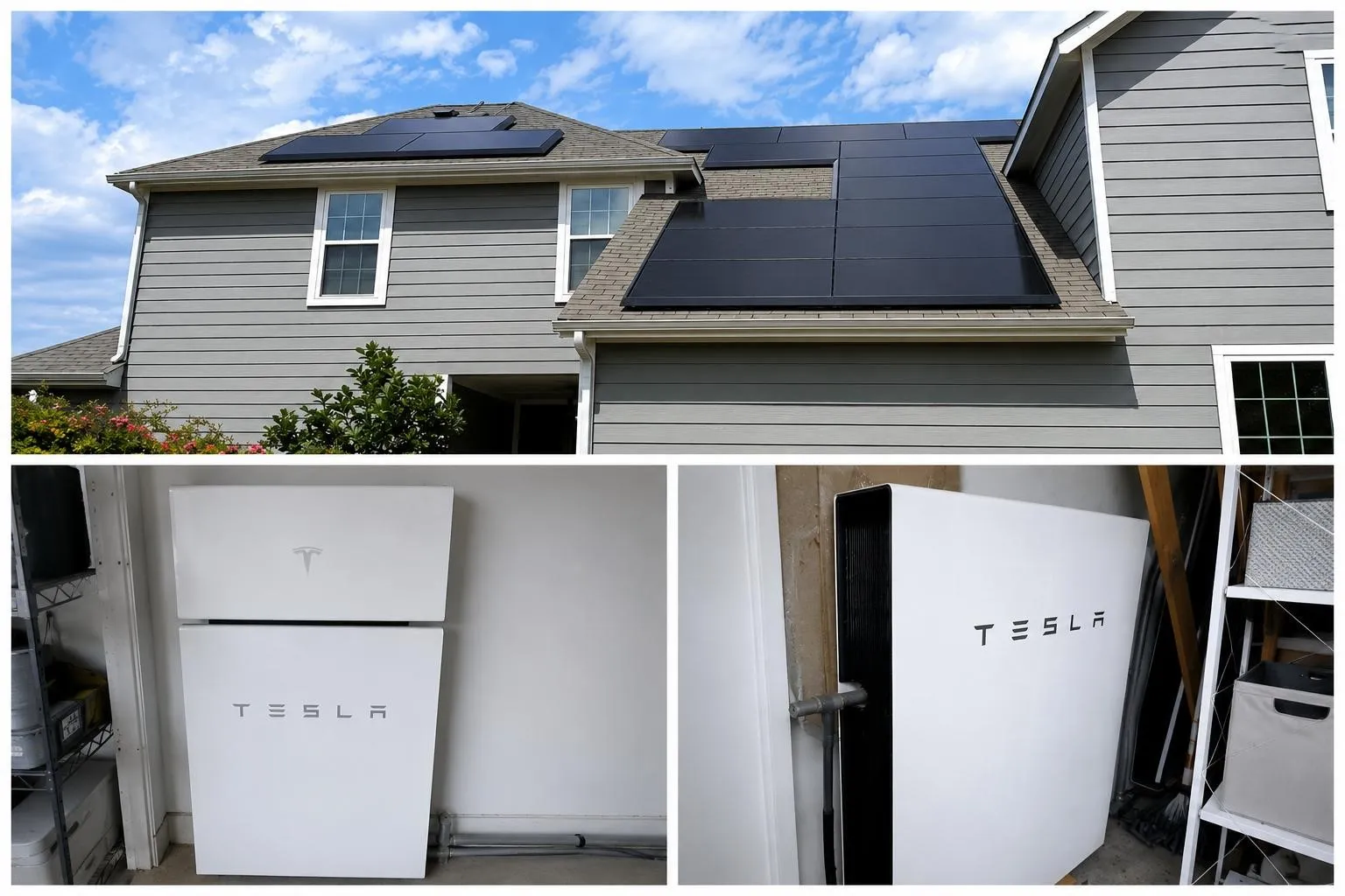 Solar panels on roof and Powerwall batteries in garage.