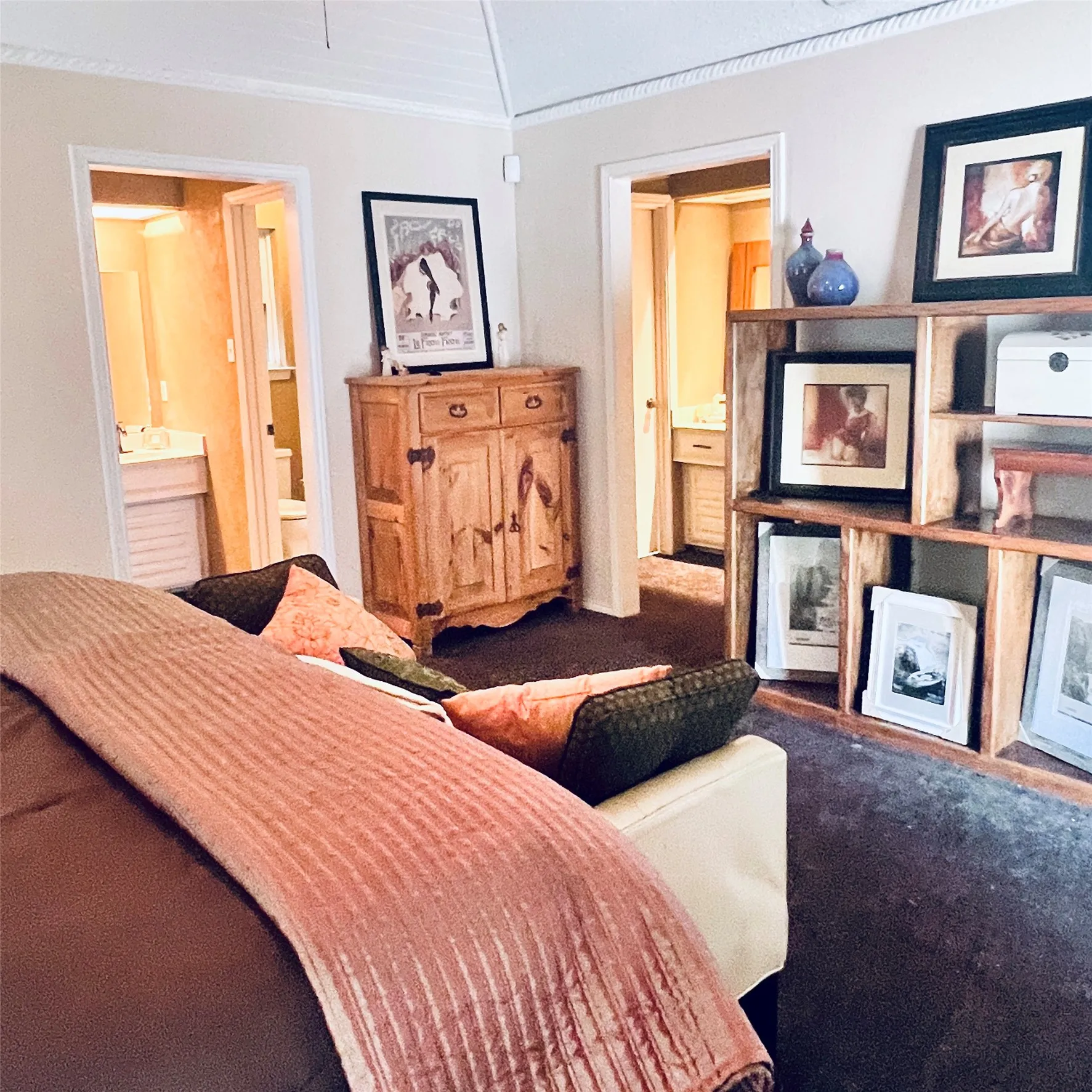 View from primary bedroom to separate vanities