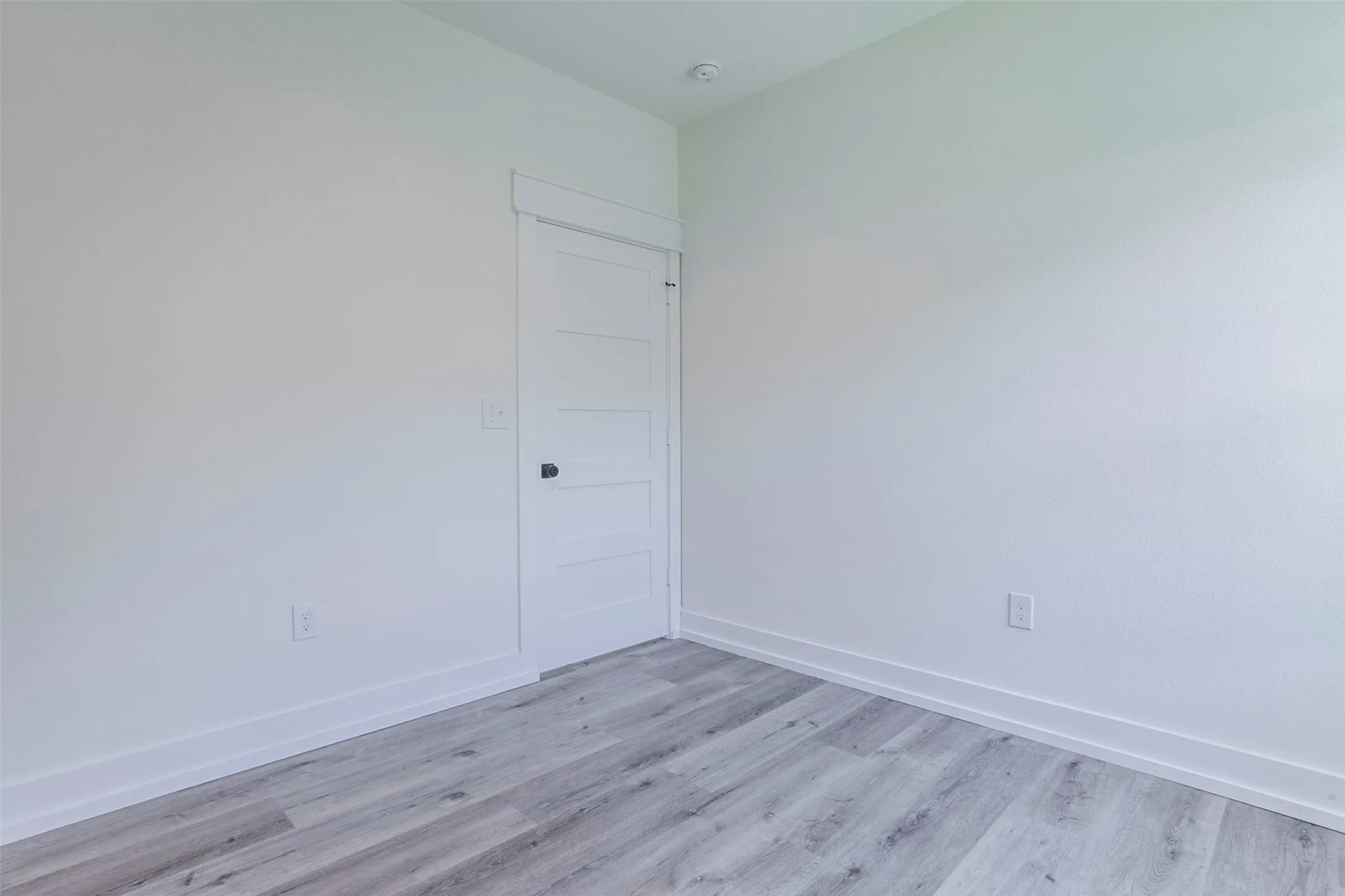 Interior room featuring light gray wood-finish flooring, white walls, and a white paneled door with black hardware