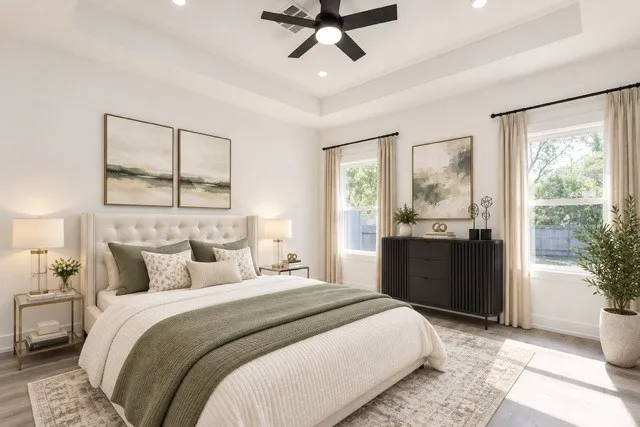 Virtual staging -Recessed lighting, wood-finish flooring, a coffered ceiling, and two windows