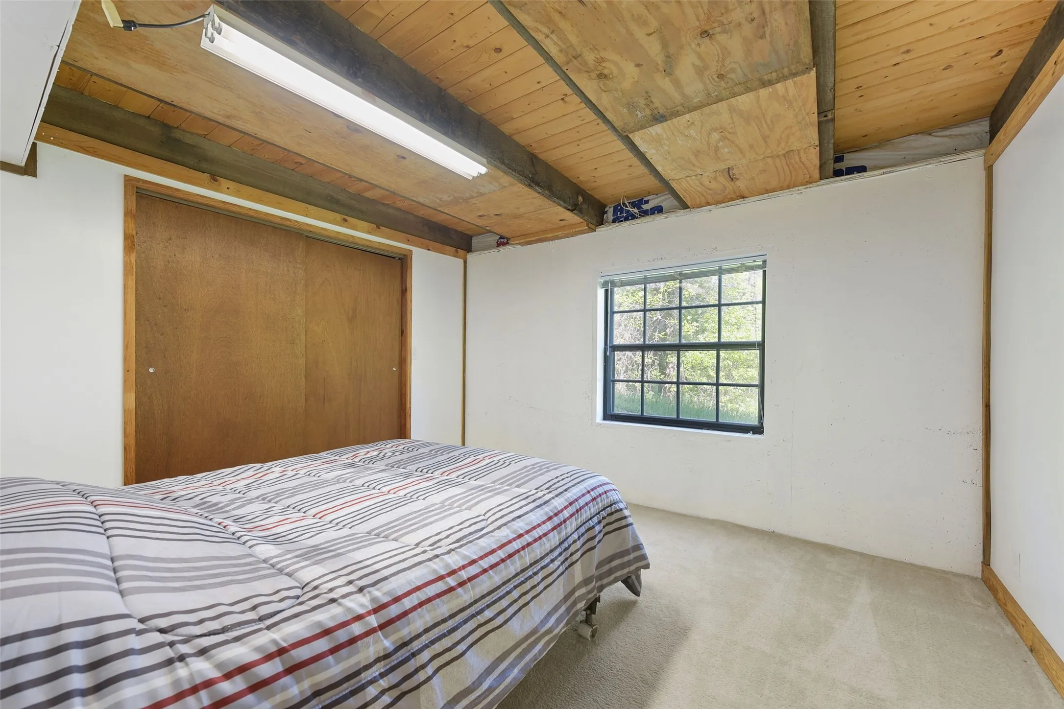 Lower Level Bedroom featuring wooden ceiling, carpet, and a closet