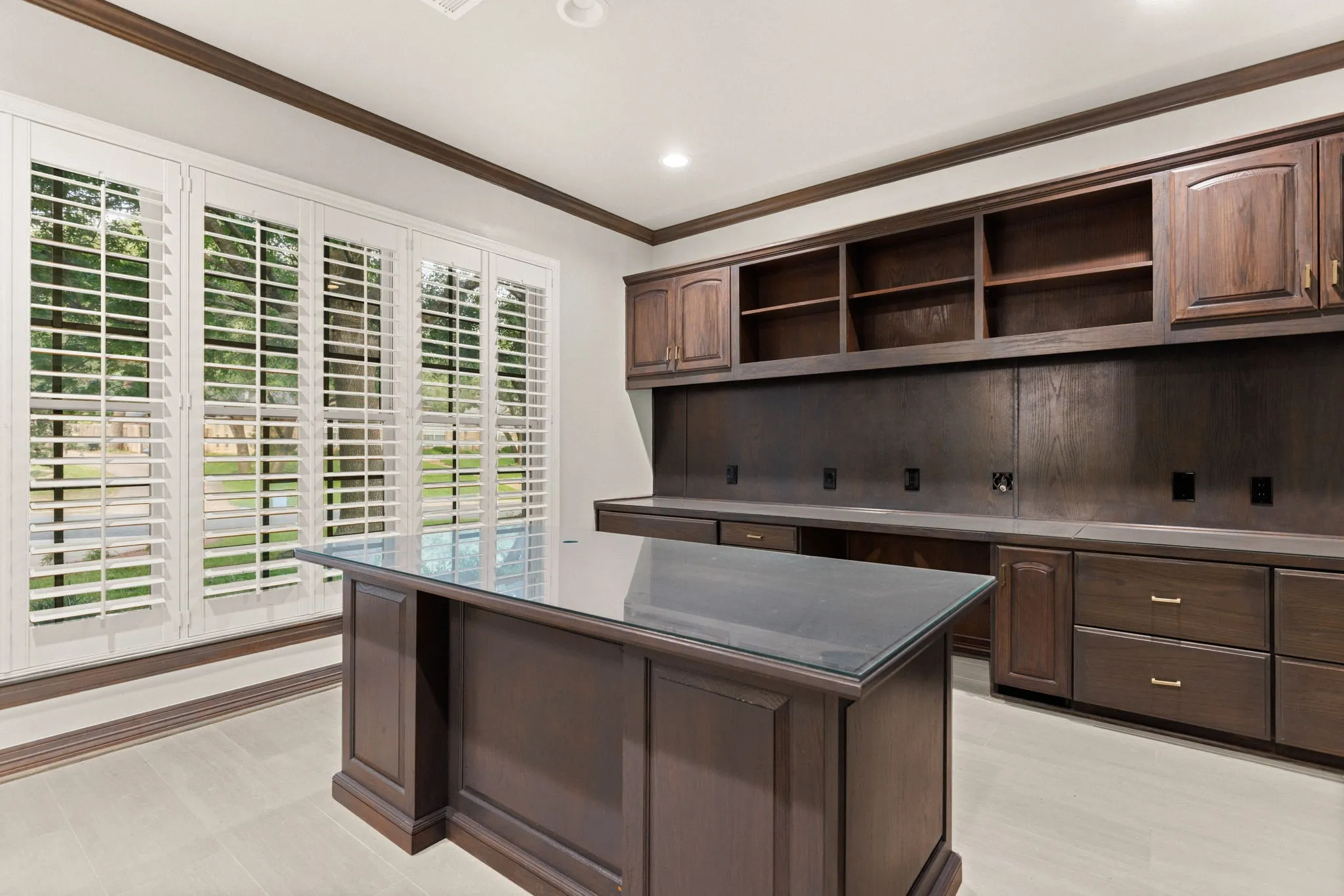 Custom built-in cabinetry and shelving featuring a dark wood finish