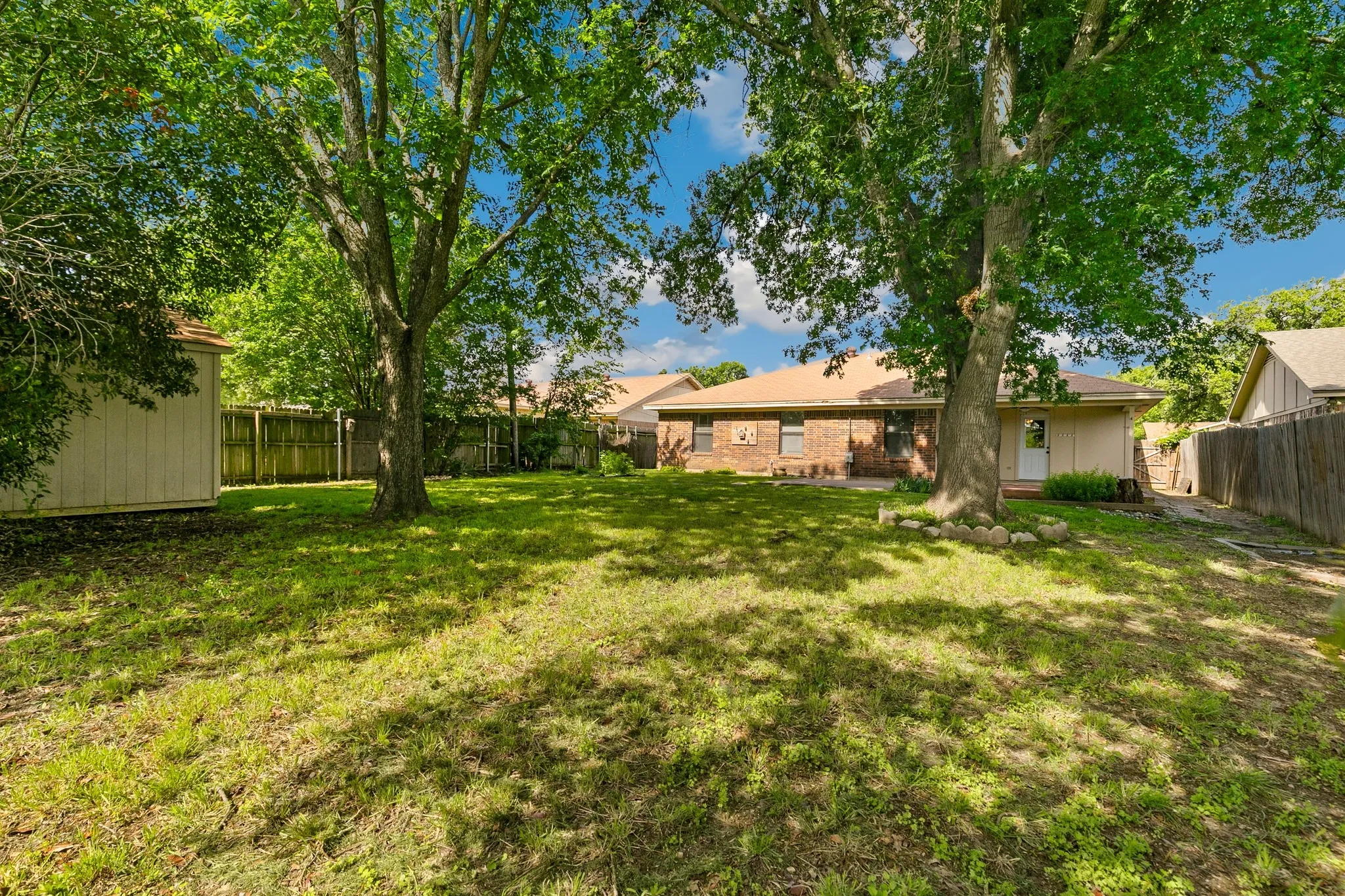 Expansive backyard featuring a large tree, a detached storage shed, and a privacy fence