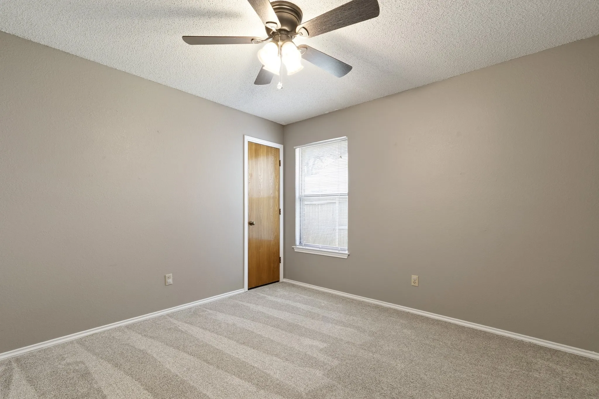 Neutral-toned room featuring a patterned carpet, a single window with blinds, and a wood-panel door