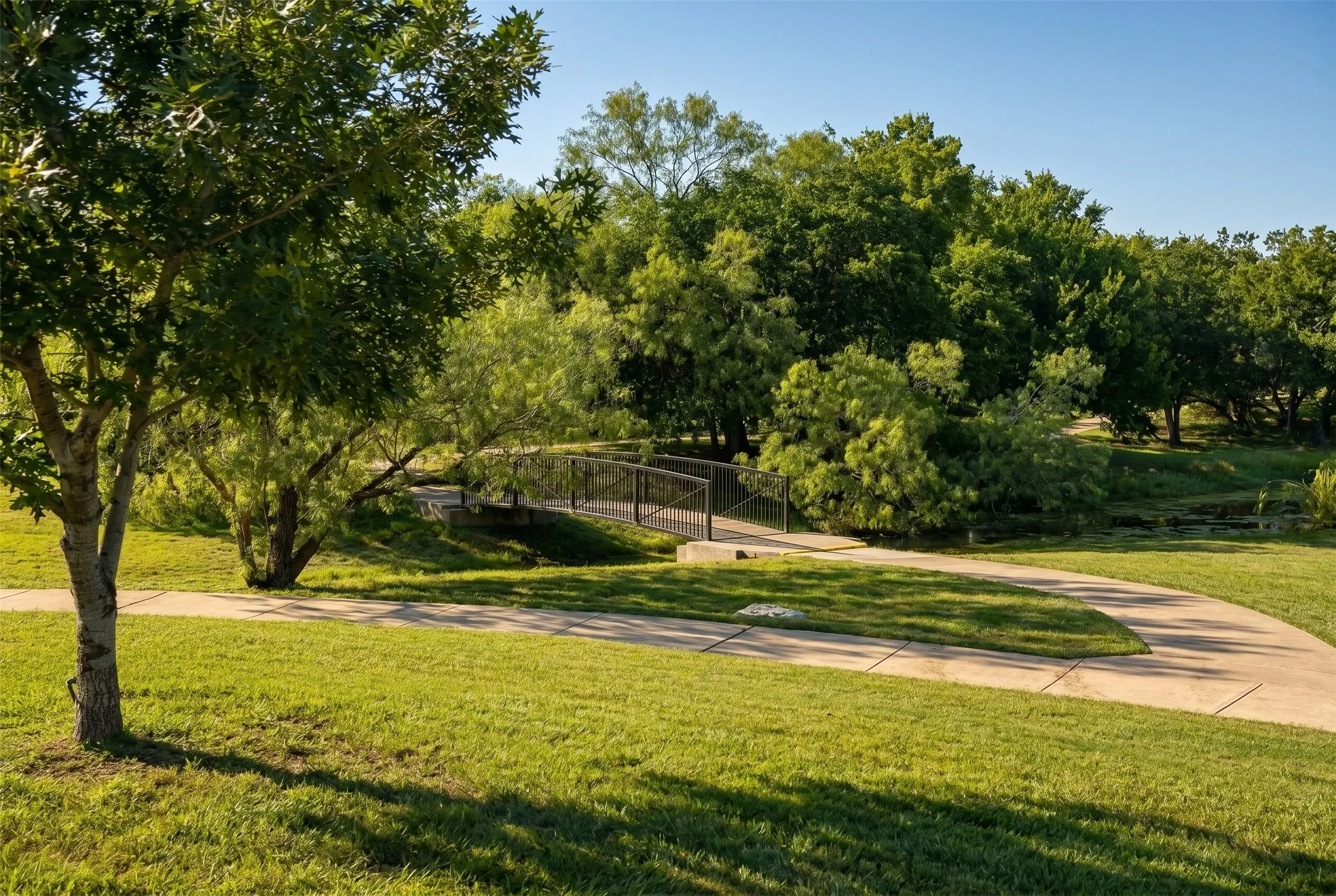 Expansive green space featuring a paved pathway, mature trees, and a pedestrian bridge over a water feature