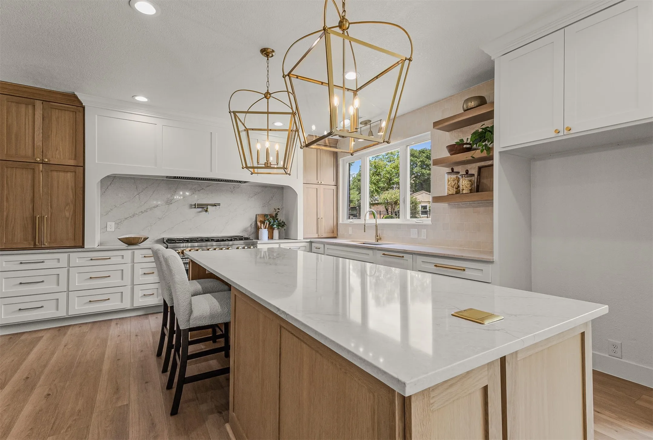 Spacious kitchen island with a light-toned countertop