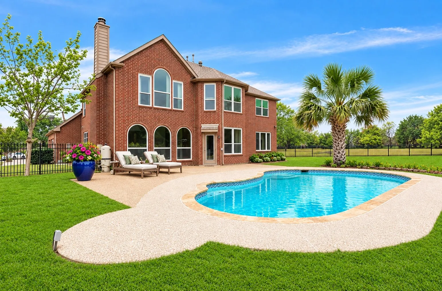 Brick exterior with multiple arched windows, an in-ground swimming pool, a spacious patio, and a manicured lawn