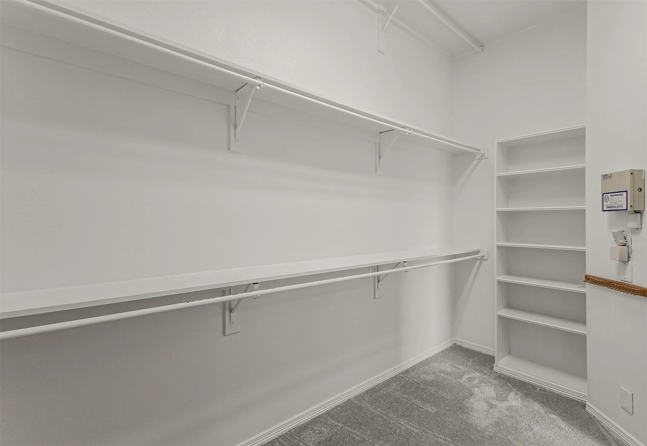 Walk-in closet featuring white walls, white shelving, white hanging rods, built-in white bookshelves, and grey carpeting