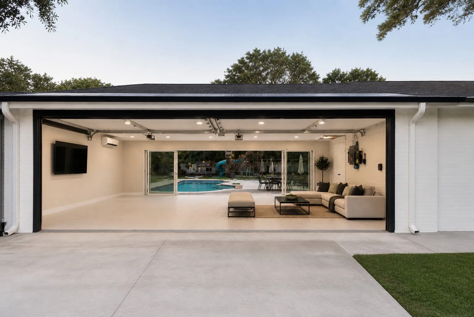 Climate-Controlled Garage with Sliding  Glass Doors & Pool Access Virtually Staged