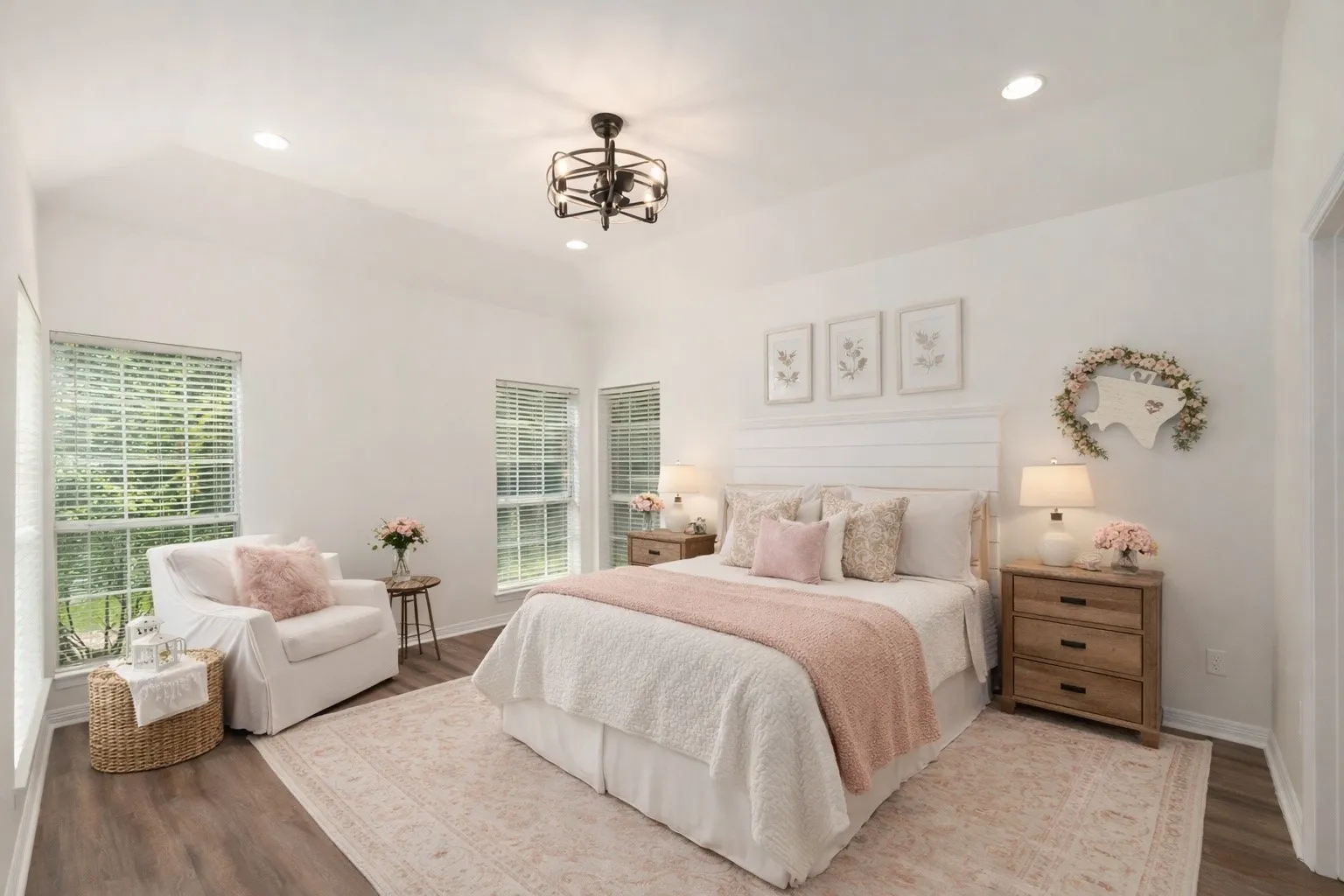 Primary suite with high ceiling.