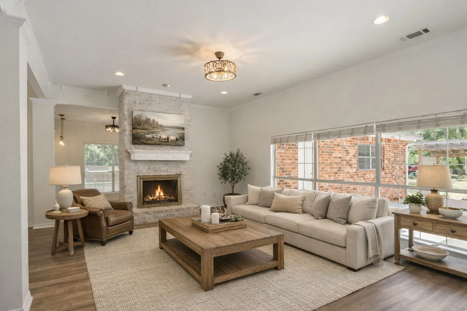 Living Room with fireplace and natural light. Designer lighting.