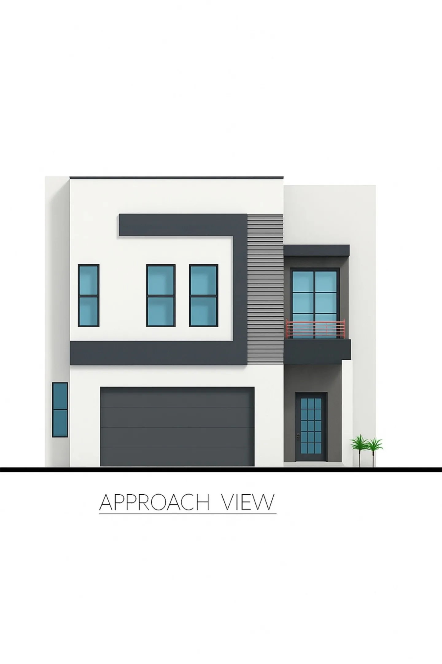 Modern facade with a flat roofline, integrated garage, upper-level balcony, and varied exterior textures
