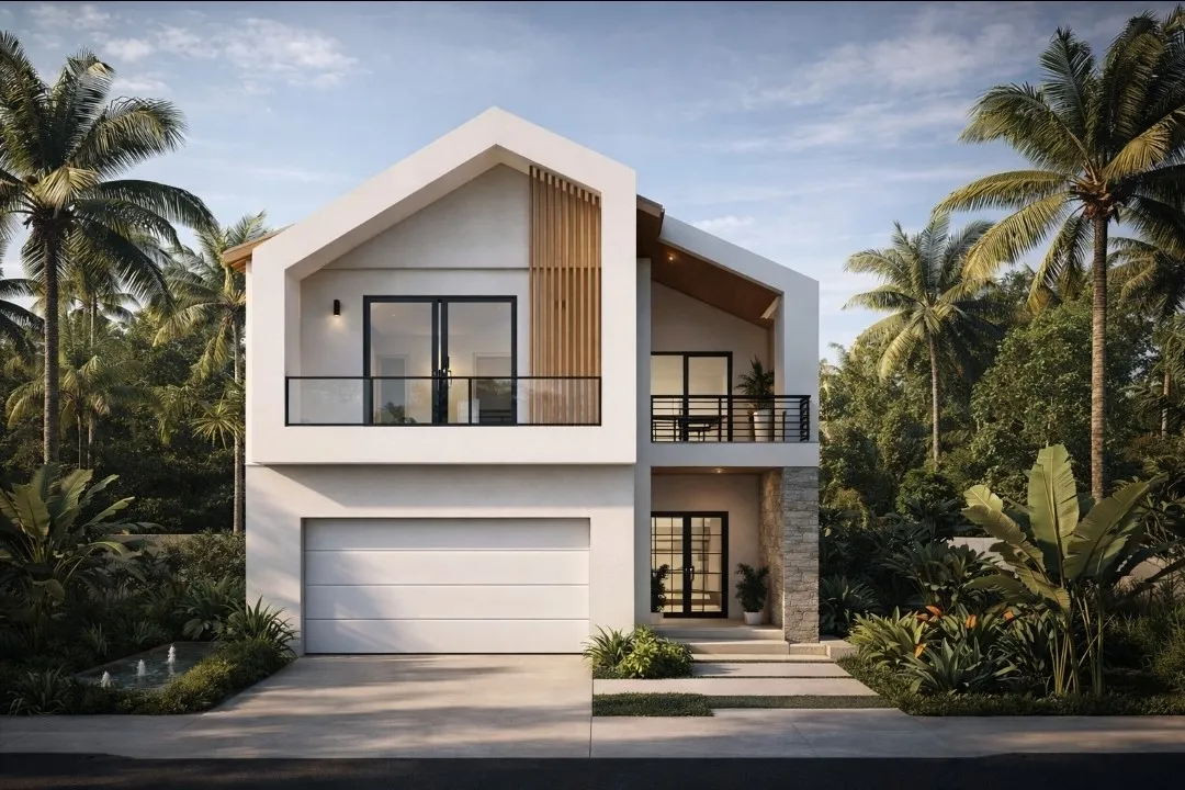Modern façade with a peaked roofline, wood-finish accents, and a glass-paneled balcony