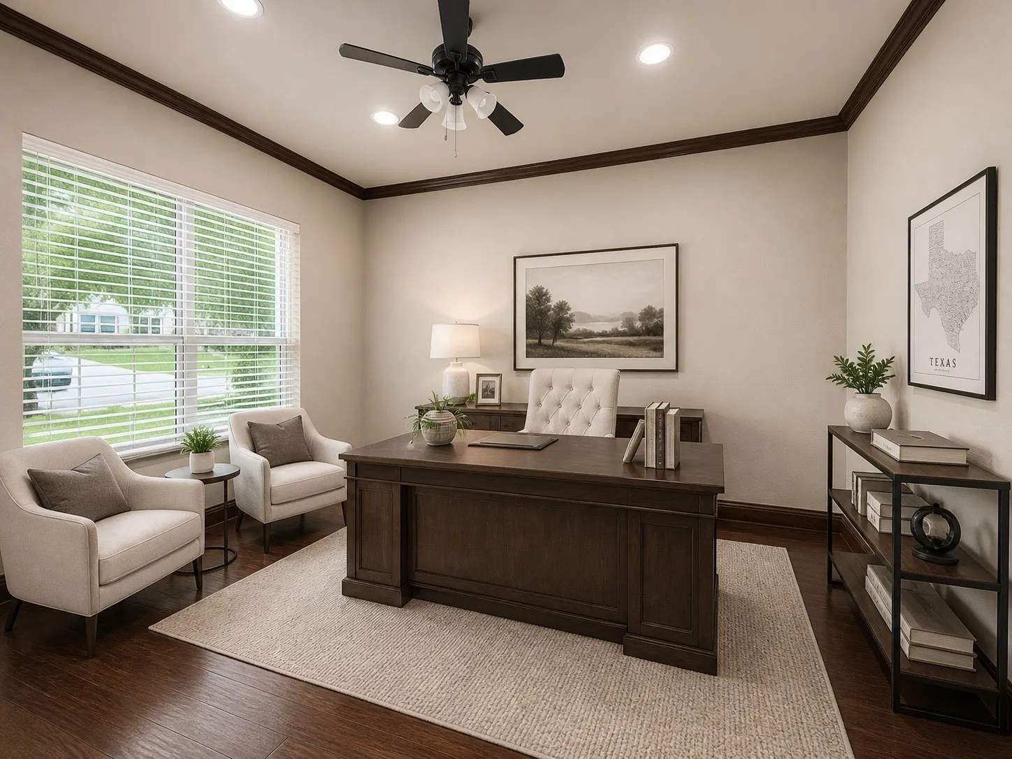 Rich wood-finish flooring with complementary dark crown molding and baseboards