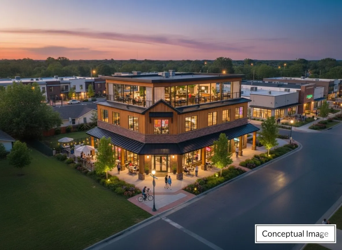 Conceptual image showing what a 3 story structure could look like on this corner lot.