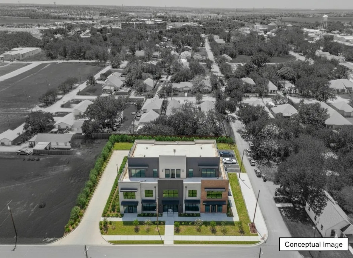 Conceptual image showing what a 3 story structure could look like on this corner lot.