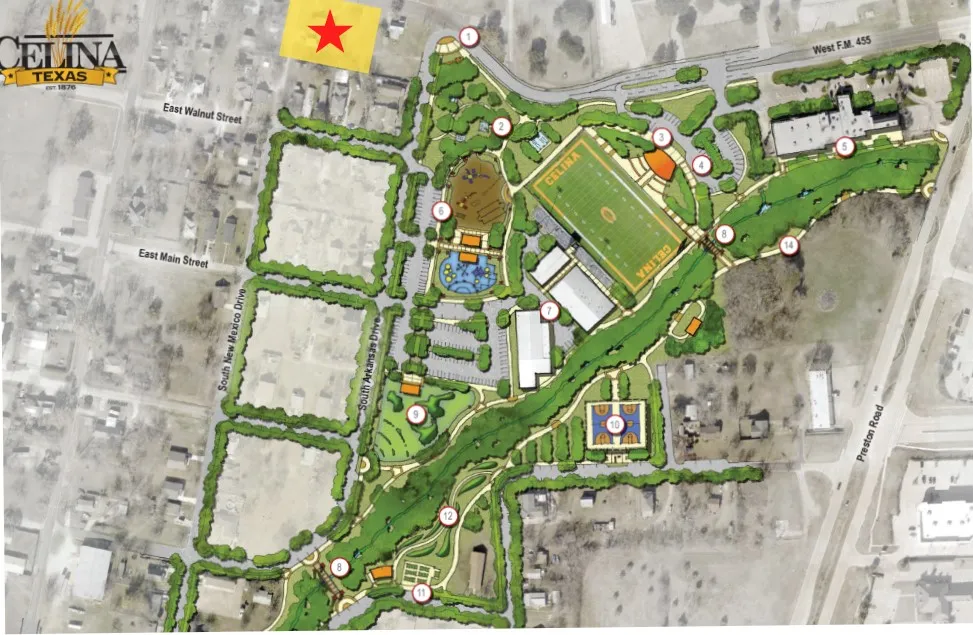 Ousley Park's Conceptual image with the property shown highlighted with yellow having a red star.