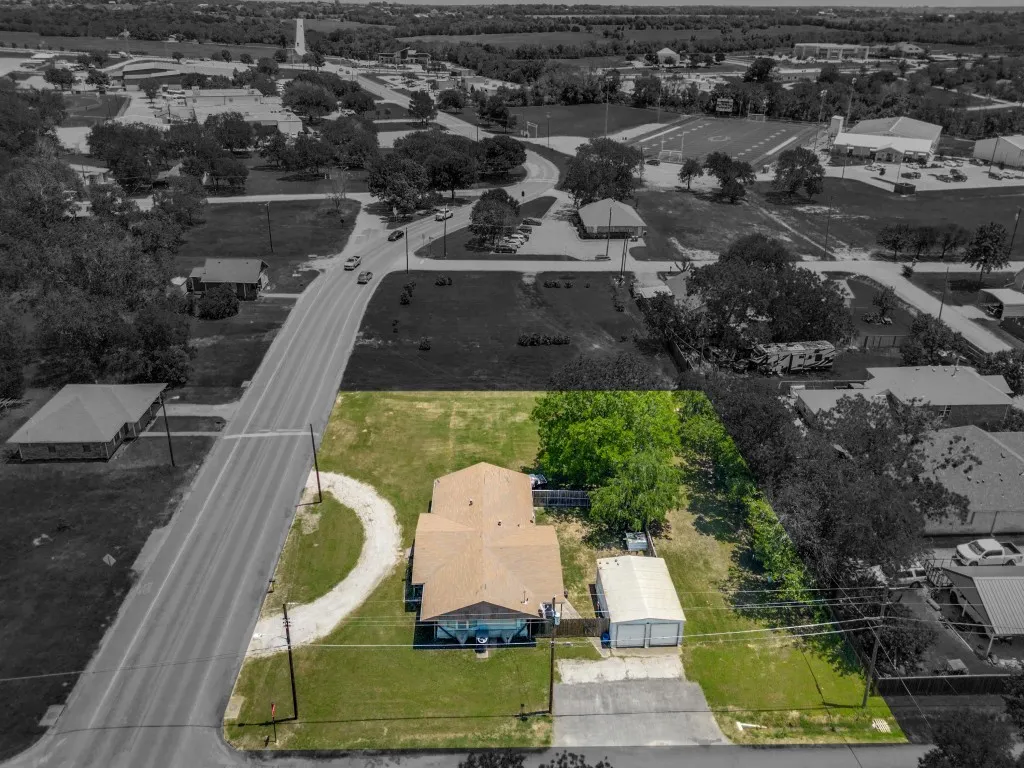 Aerial view, showing the property, continuing on to Preston Rd. Left is North Right is South.