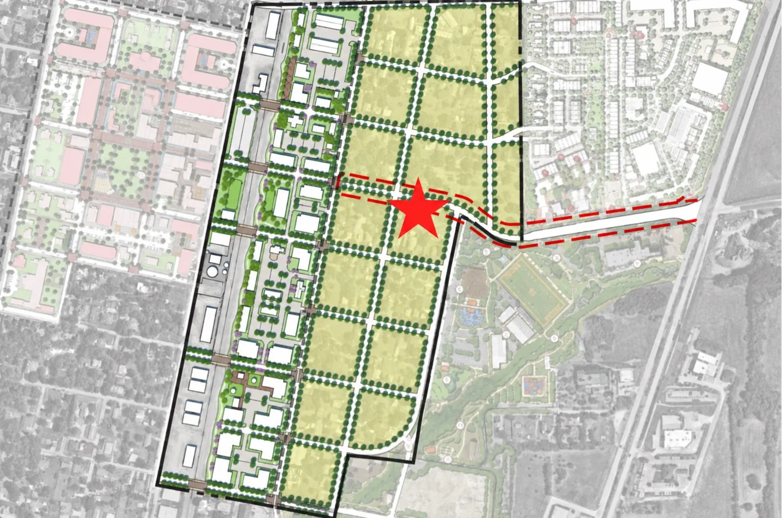 Conceptual areal view highlighting the location of this property in relation to downtown.