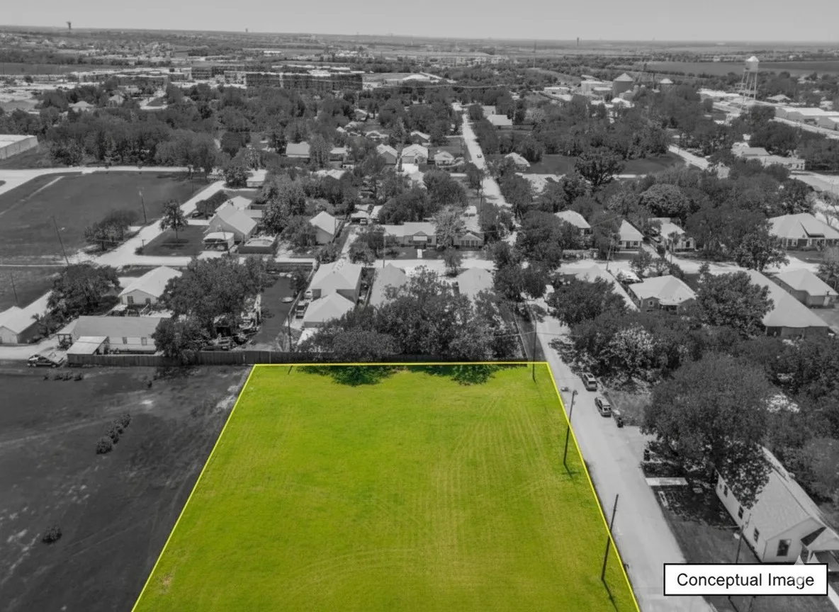 Conceptual birdseye of this prominent corner lot shown cleared of any current structures for visual purposes. Left is East, Right is West.