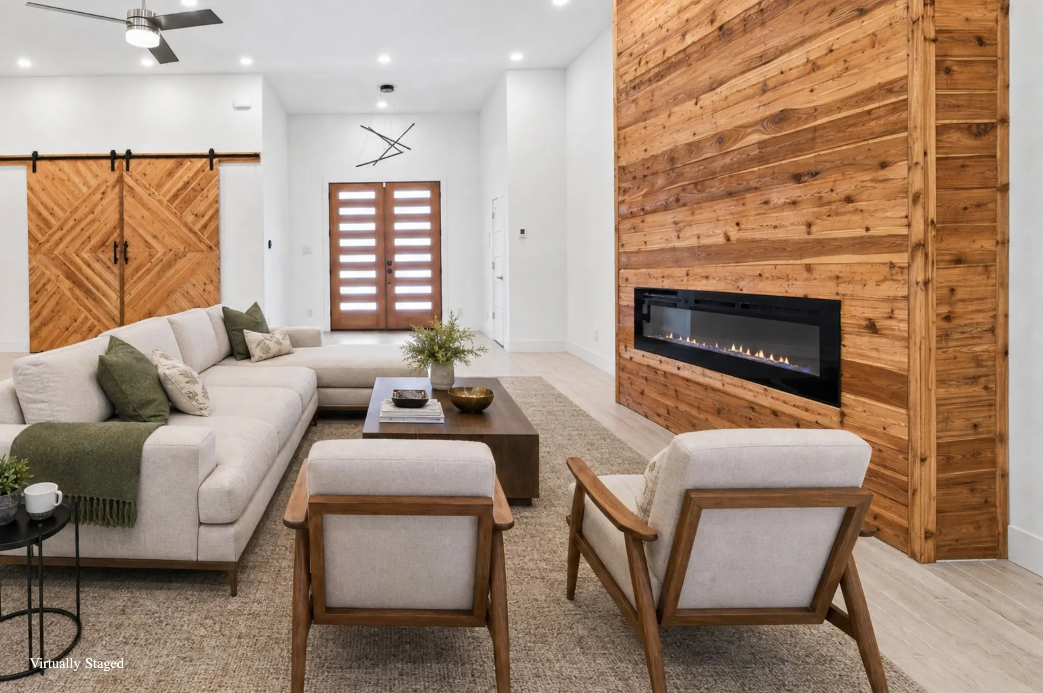 Accent wood-paneled wall featuring an elongated linear fireplace