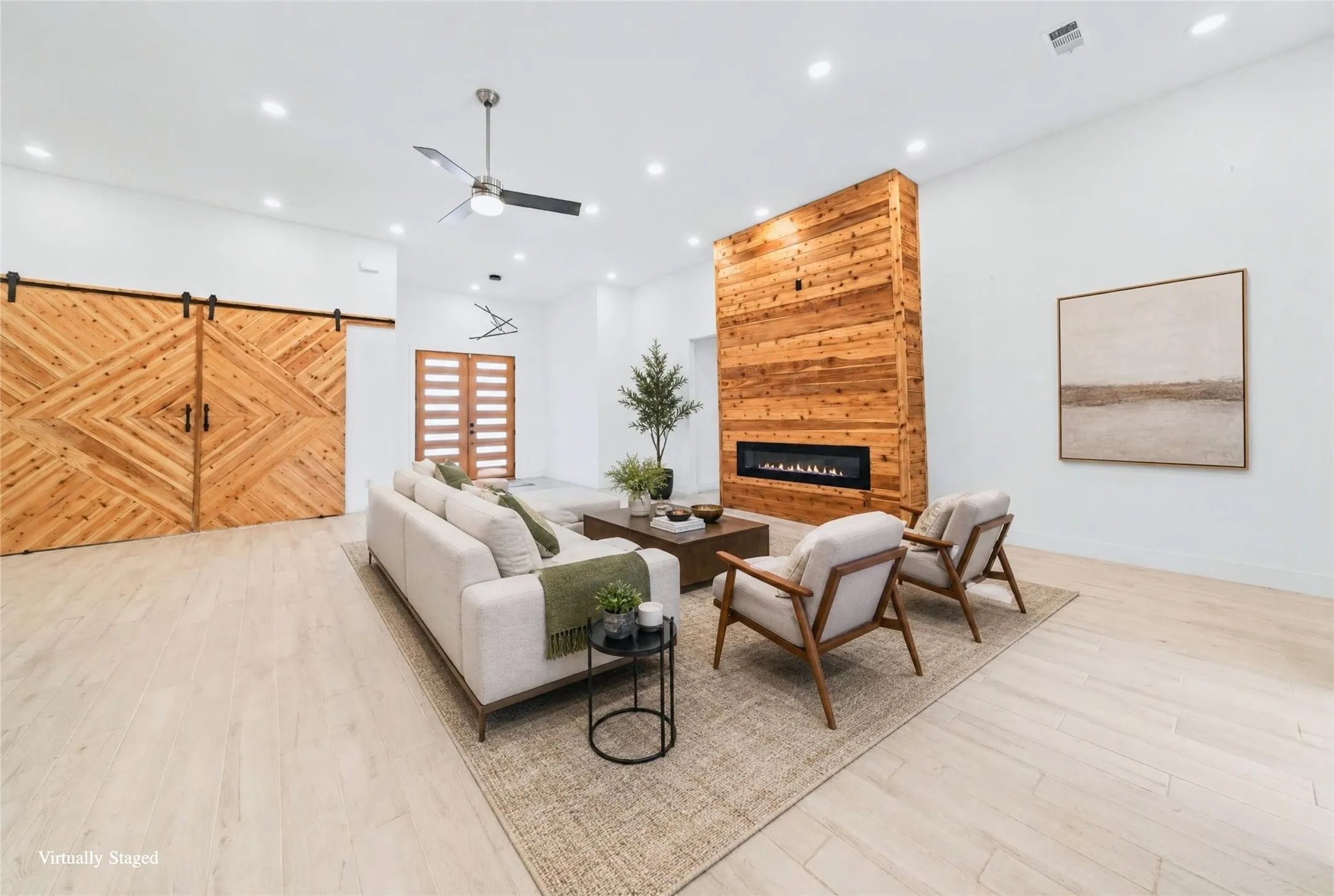 Accent wood-paneled fireplace with a linear insert