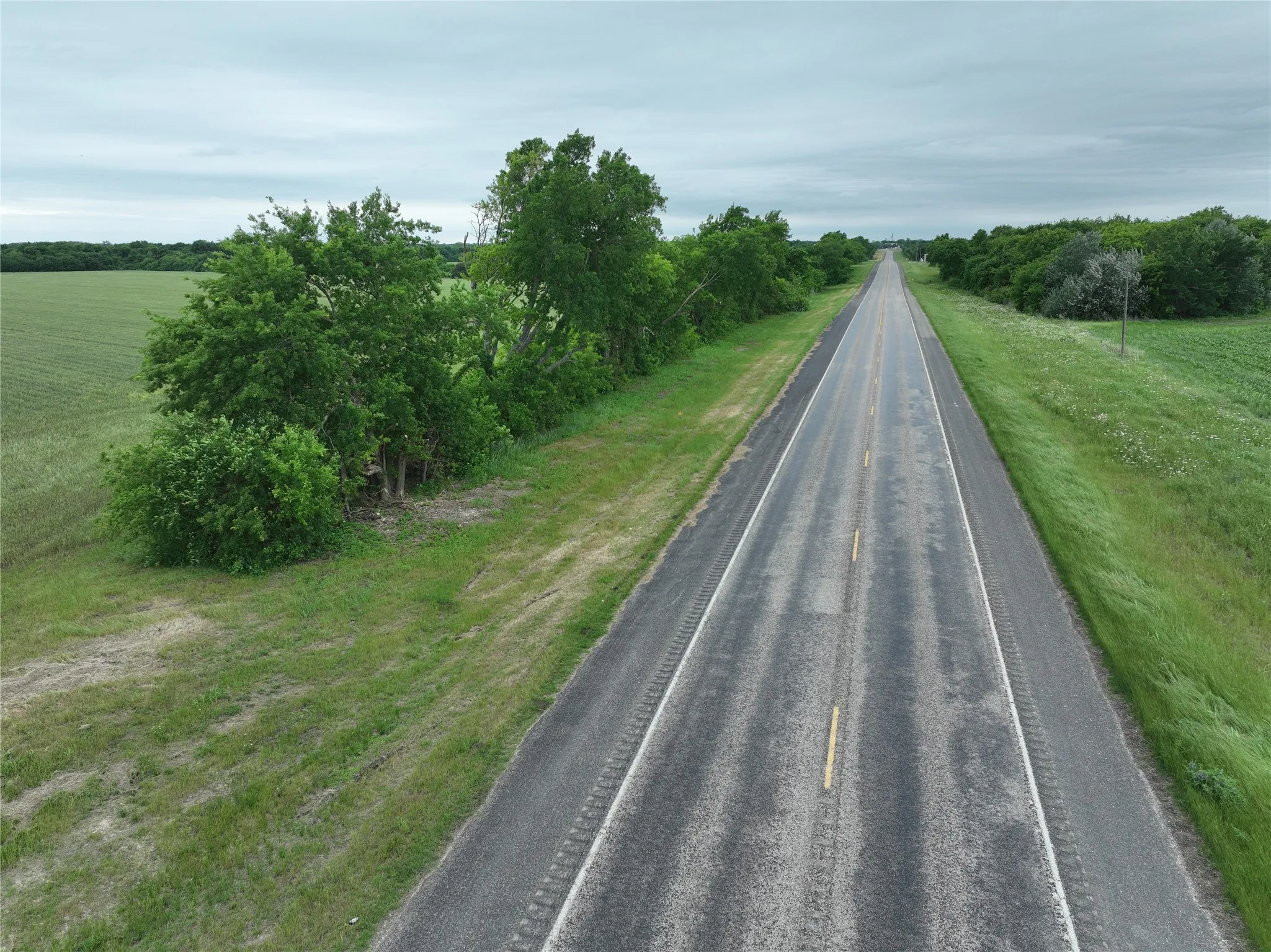 Rural paved road with a yellow center line and white edge lines, bordered by green grass and mature trees on both sides, extending into the distance under a cloudy sky